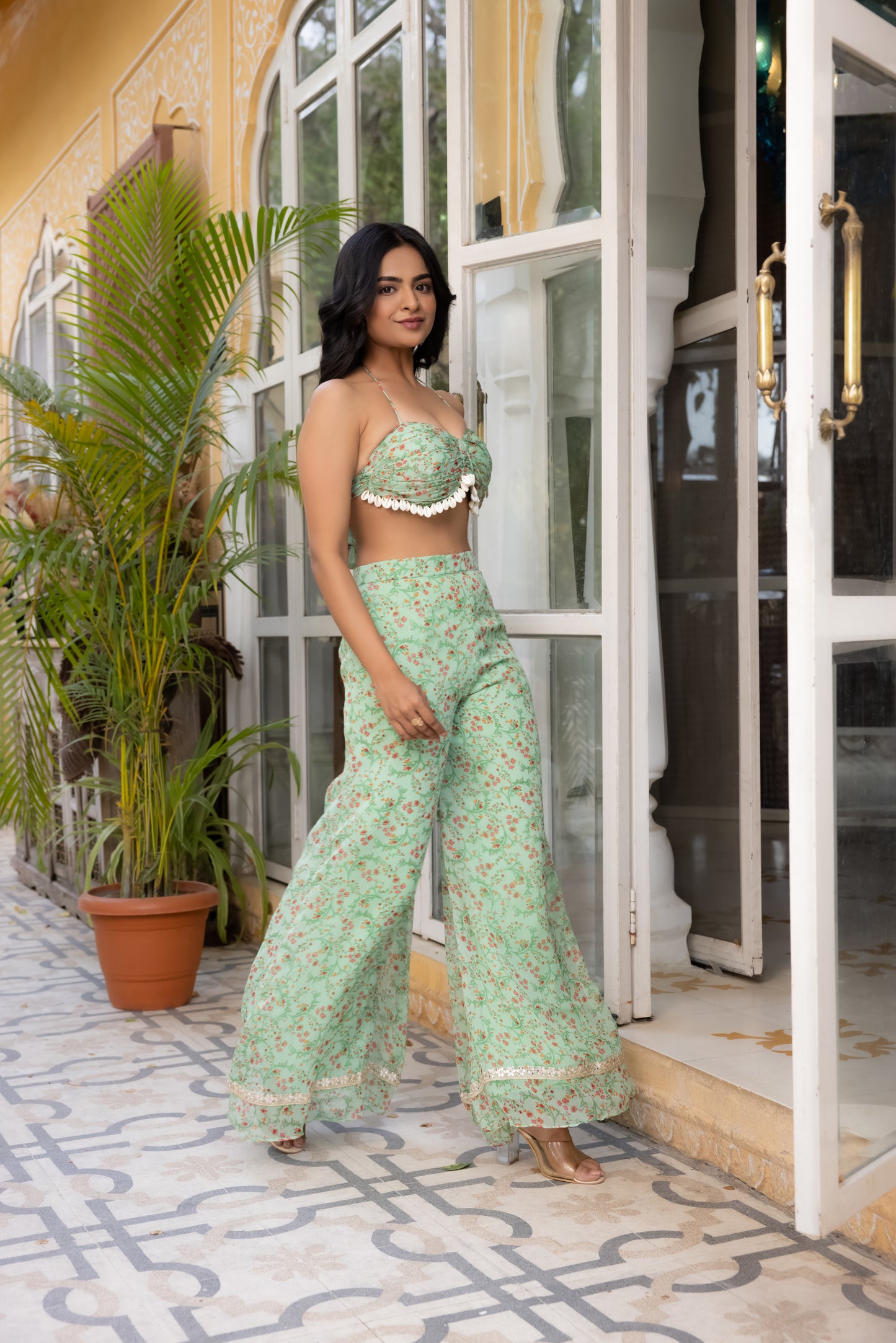 ALIAA SAGE GREEN PEARL BUSTIER WITH FLARED SHARARA SET Deasha India