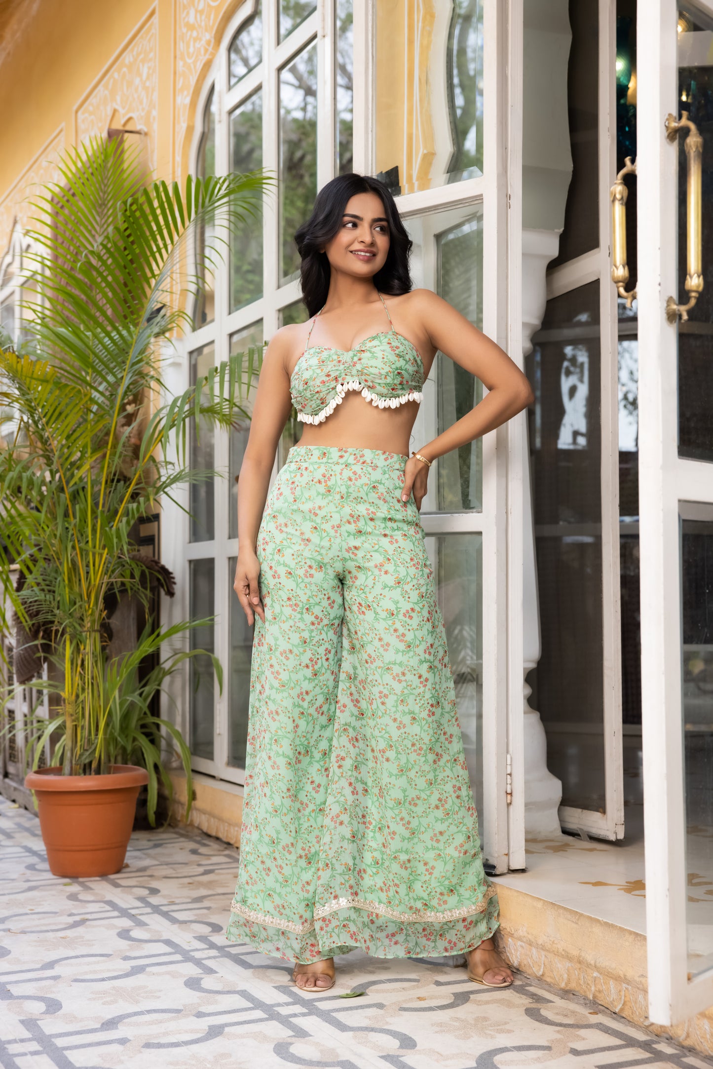 ALIAA SAGE GREEN PEARL BUSTIER WITH FLARED SHARARA SET Deasha India