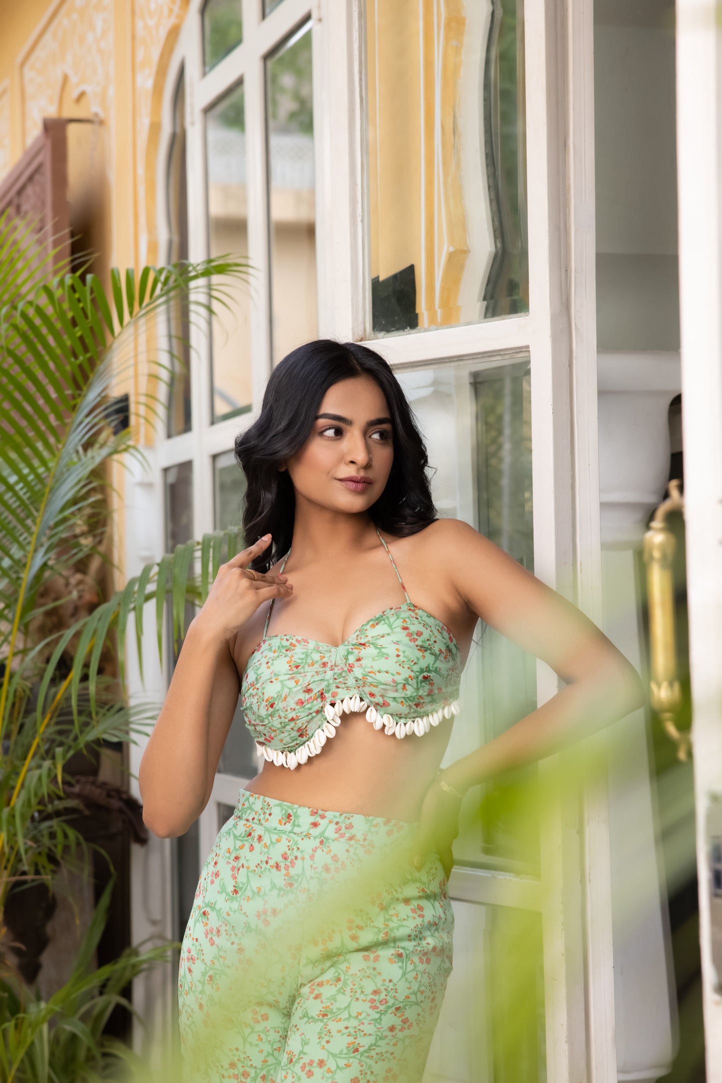 ALIAA SAGE GREEN PEARL BUSTIER WITH FLARED SHARARA SET Deasha India