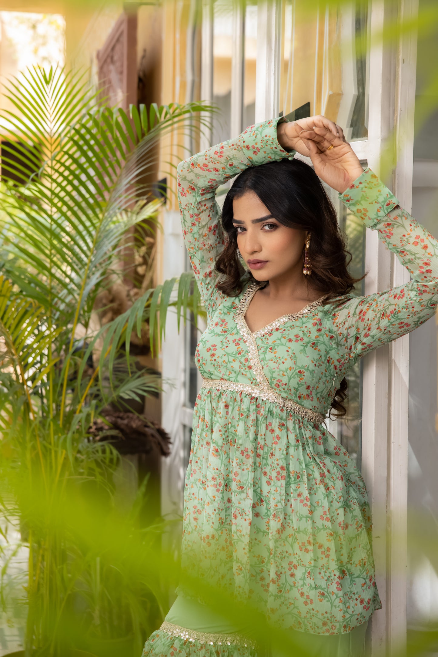 ALYSSA SAGE GREEN PEARL KURTA AND SHARARA SET Deasha India