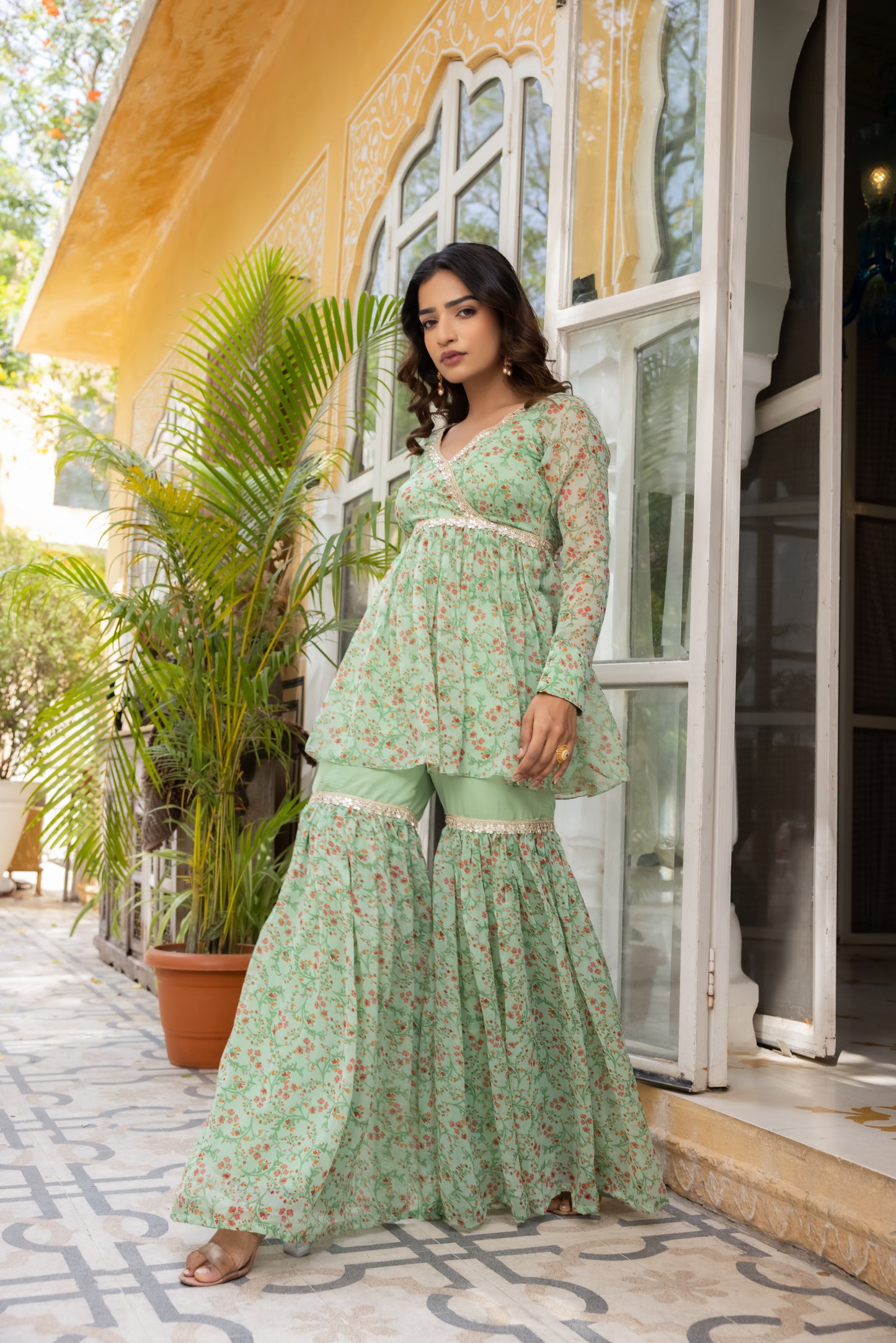 ALYSSA SAGE GREEN PEARL KURTA AND SHARARA SET Deasha India