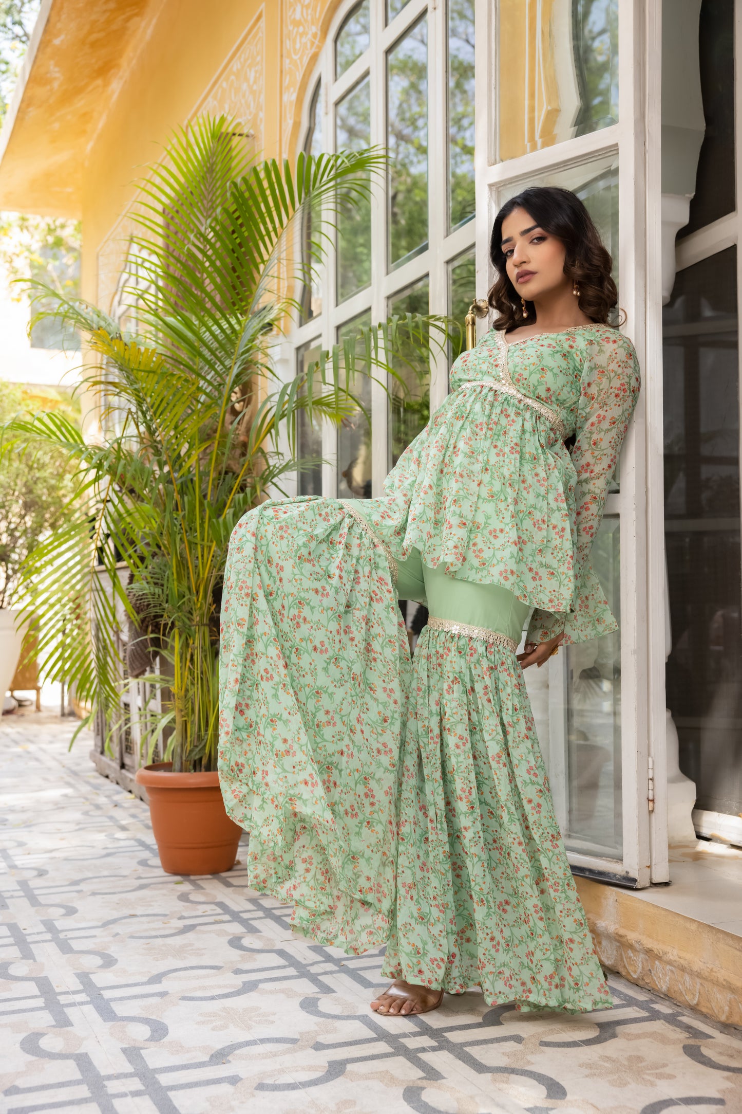 ALYSSA SAGE GREEN PEARL KURTA AND SHARARA SET Deasha India