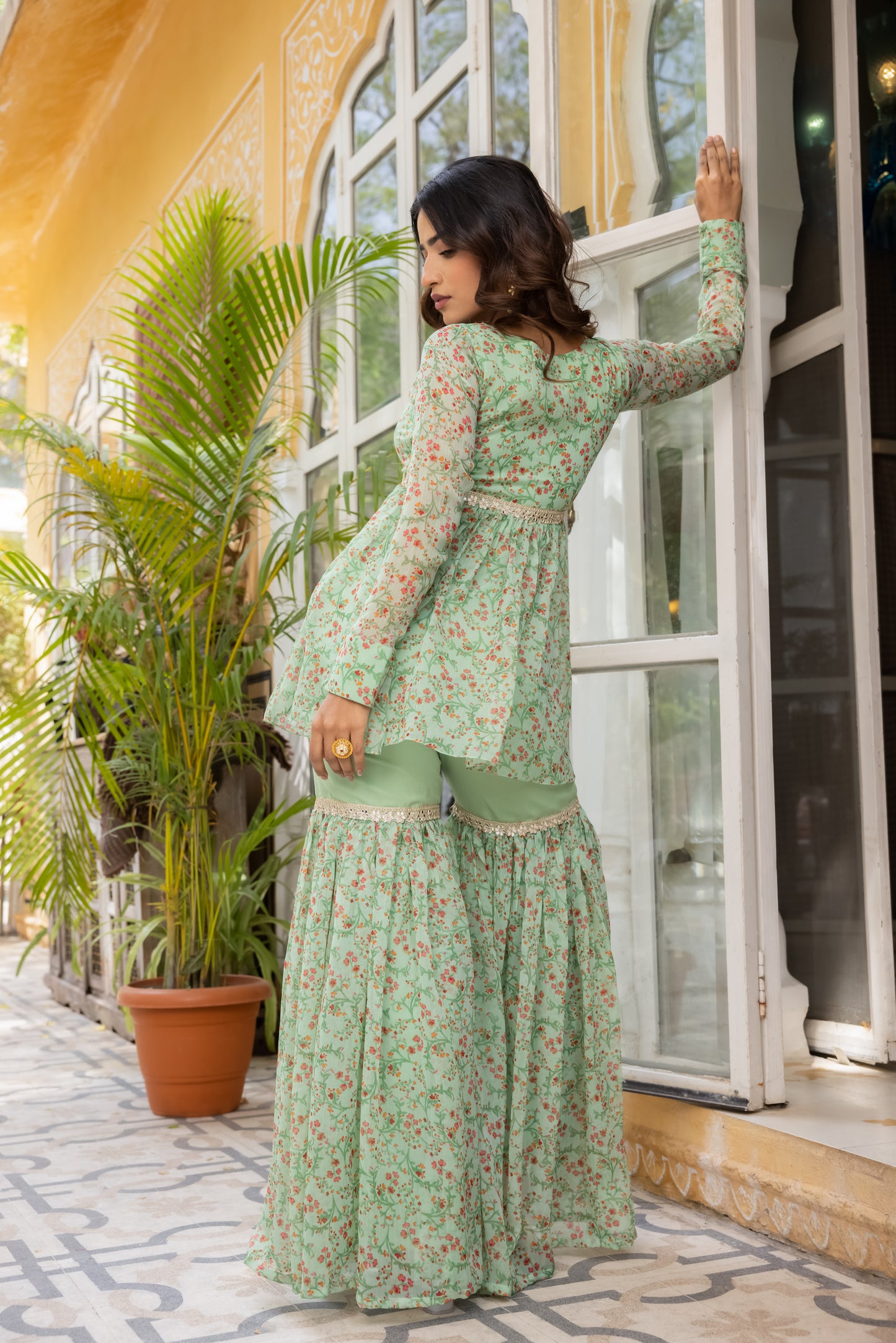 ALYSSA SAGE GREEN PEARL KURTA AND SHARARA SET Deasha India