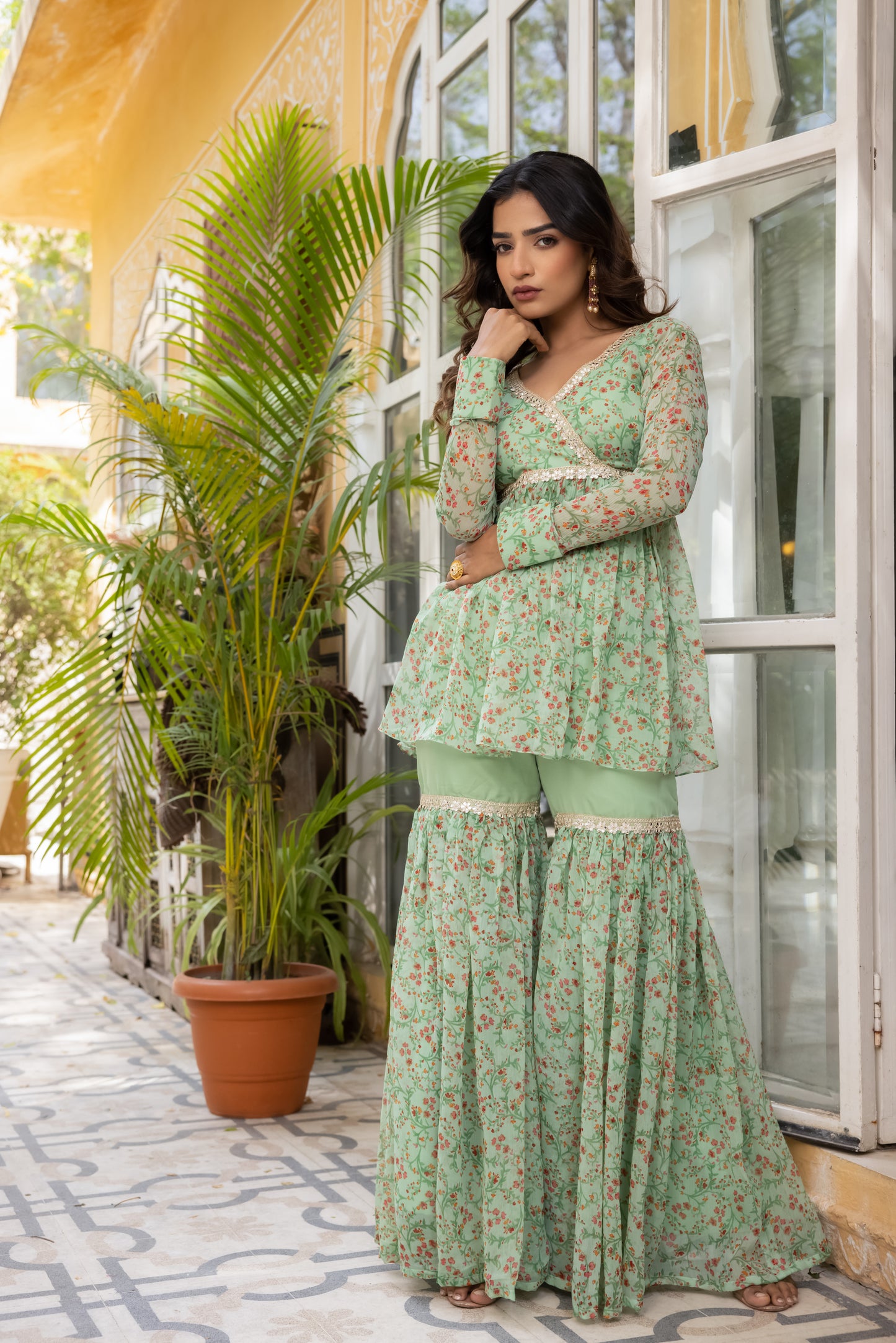 ALYSSA SAGE GREEN PEARL KURTA AND SHARARA SET Deasha India