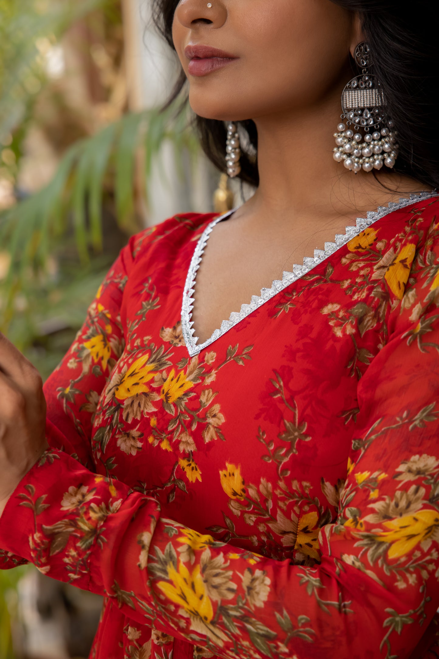 REA RED FLORAL PRINTED GOWN WITH SLITS ON WAIST Deasha India