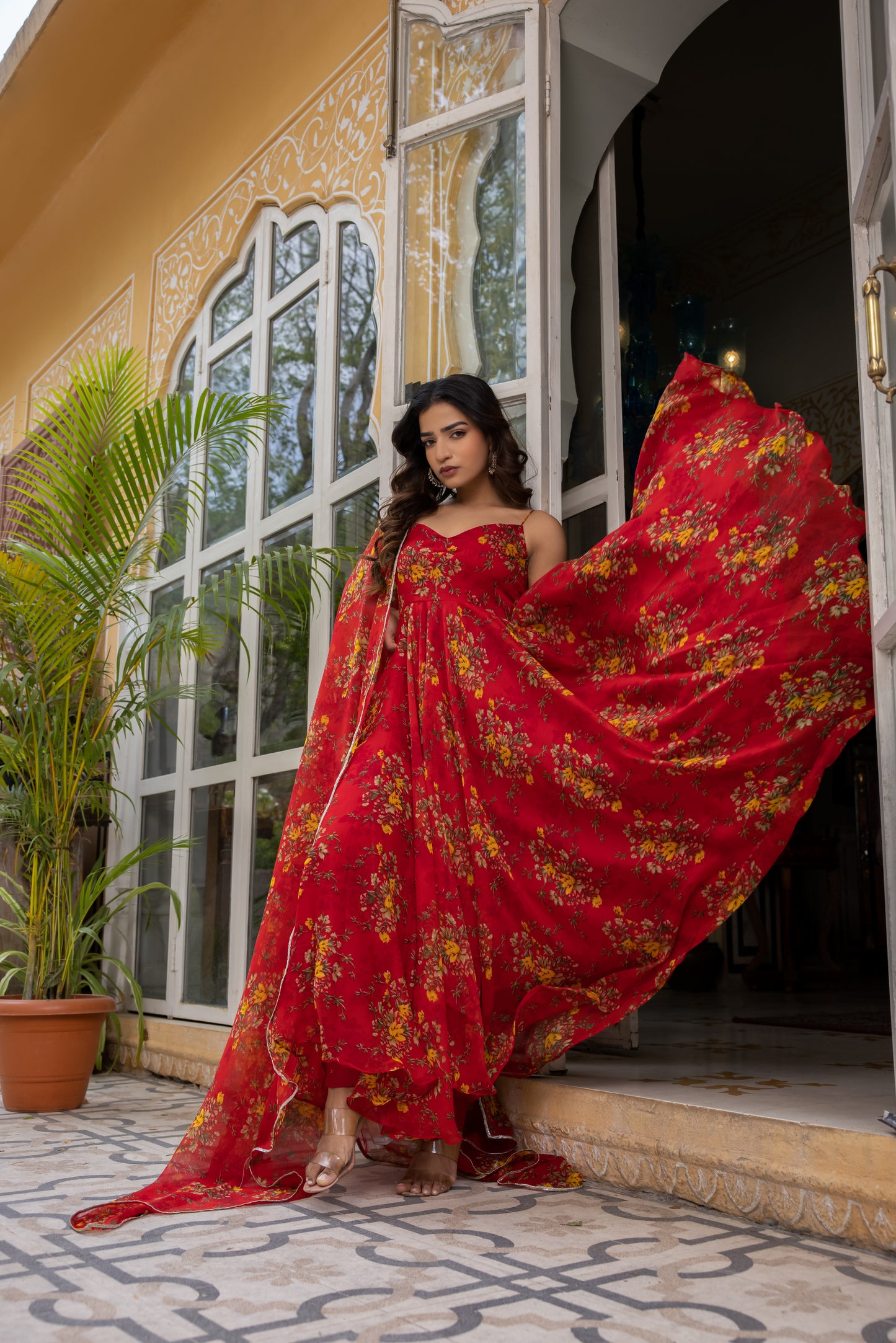 RAISA RED FLORAL PRINTED ANARKALI SET Deasha India