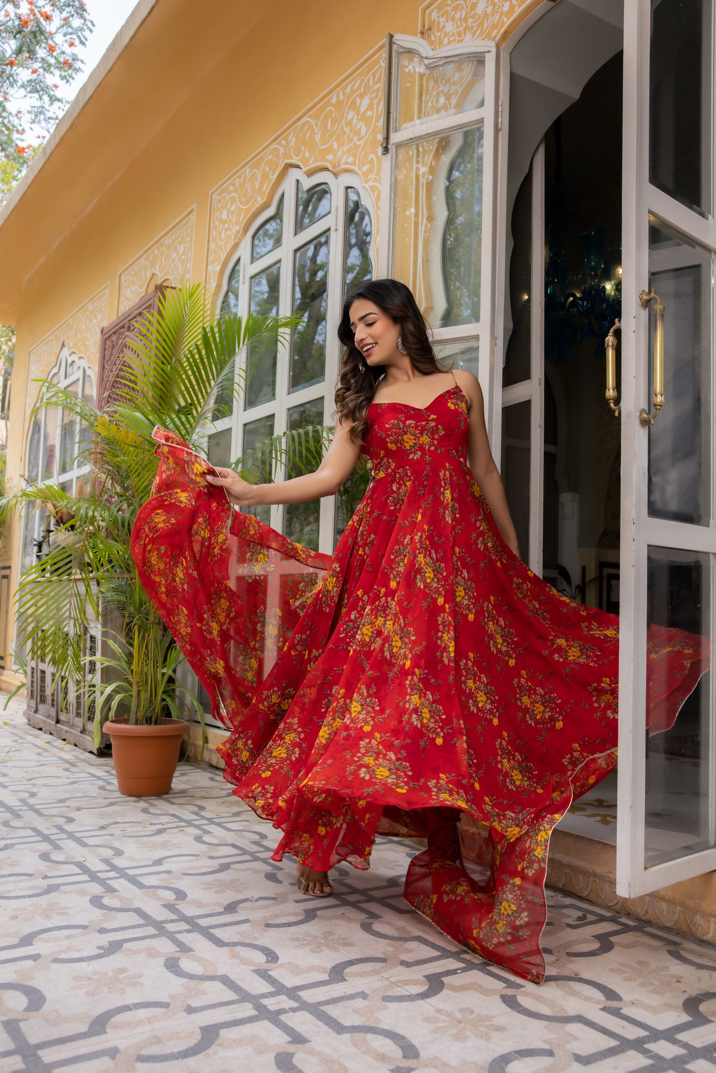 RAISA RED FLORAL PRINTED ANARKALI SET Deasha India