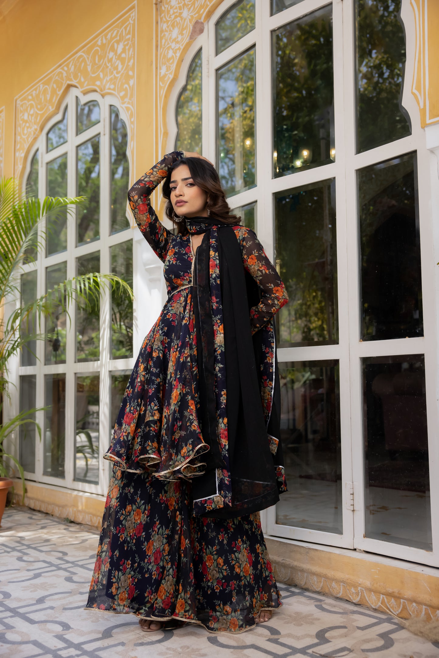 ZAHRA MIDNIGHT BLUE FLORAL PRINT SHORT ANARKALI WITH SHARARA SET Deasha India