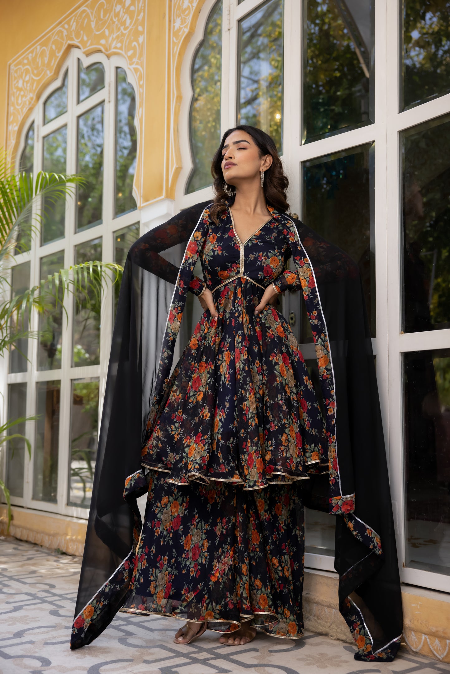 ZAHRA MIDNIGHT BLUE FLORAL PRINT SHORT ANARKALI WITH SHARARA SET Deasha India