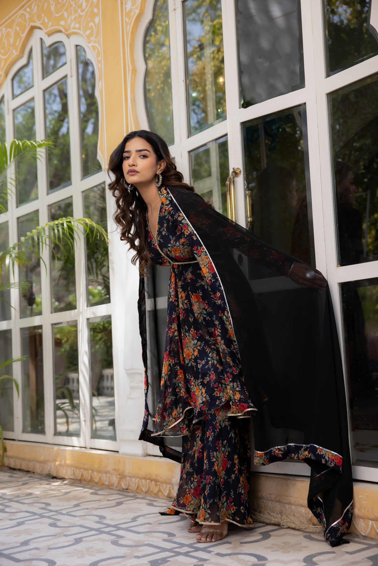 ZAHRA MIDNIGHT BLUE FLORAL PRINT SHORT ANARKALI WITH SHARARA SET Deasha India