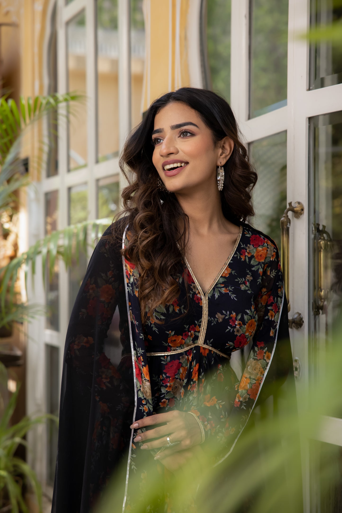 ZAHRA MIDNIGHT BLUE FLORAL PRINT SHORT ANARKALI WITH SHARARA SET Deasha India