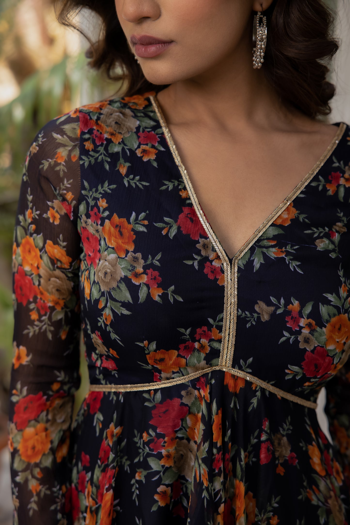 ZAHRA MIDNIGHT BLUE FLORAL PRINT SHORT ANARKALI WITH SHARARA SET Deasha India
