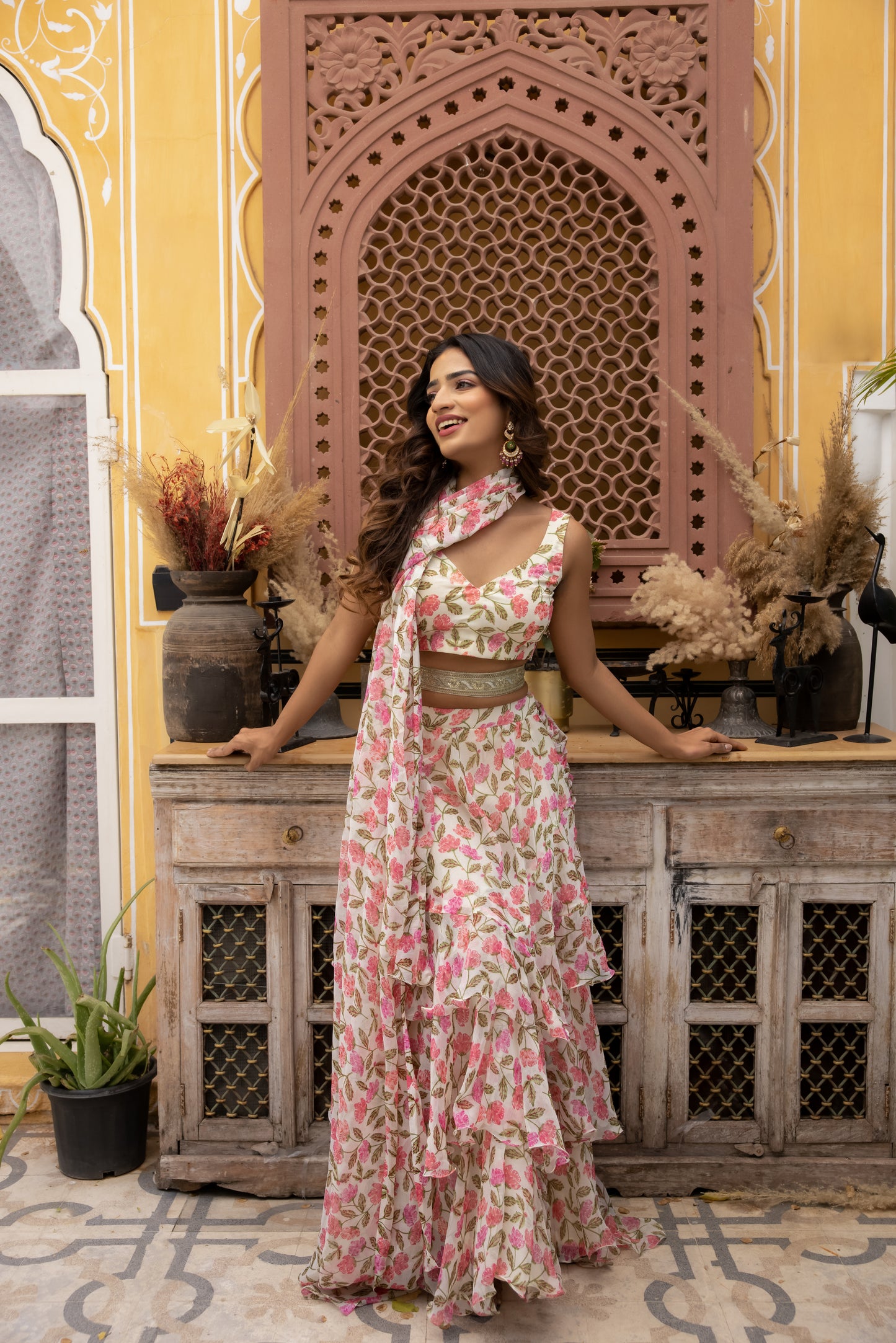 MEGAN JASMINE WHITE FLORAL PRINTED RUFFLE SAREE WITH BELT Deasha India