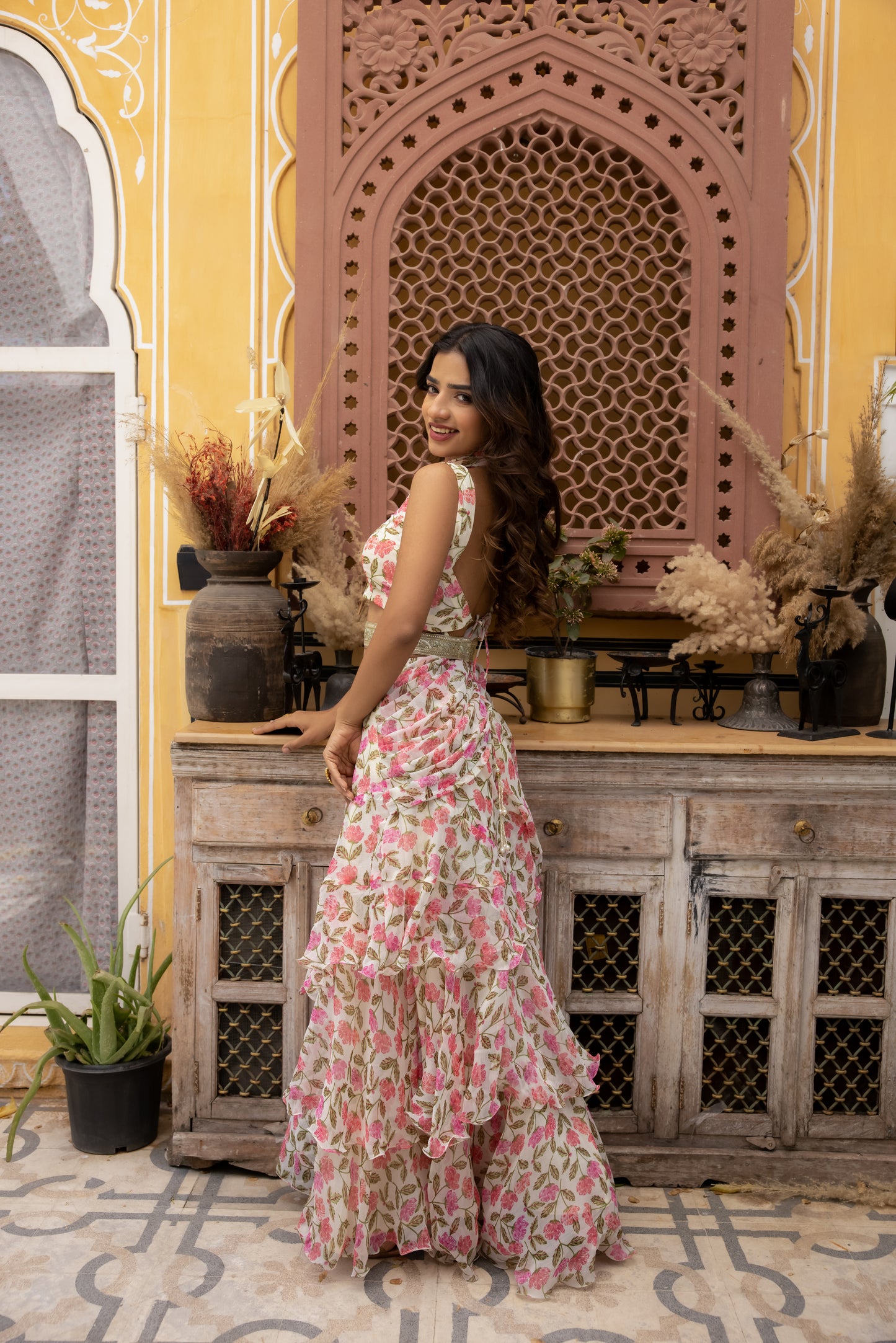 MEGAN JASMINE WHITE FLORAL PRINTED RUFFLE SAREE WITH BELT Deasha India