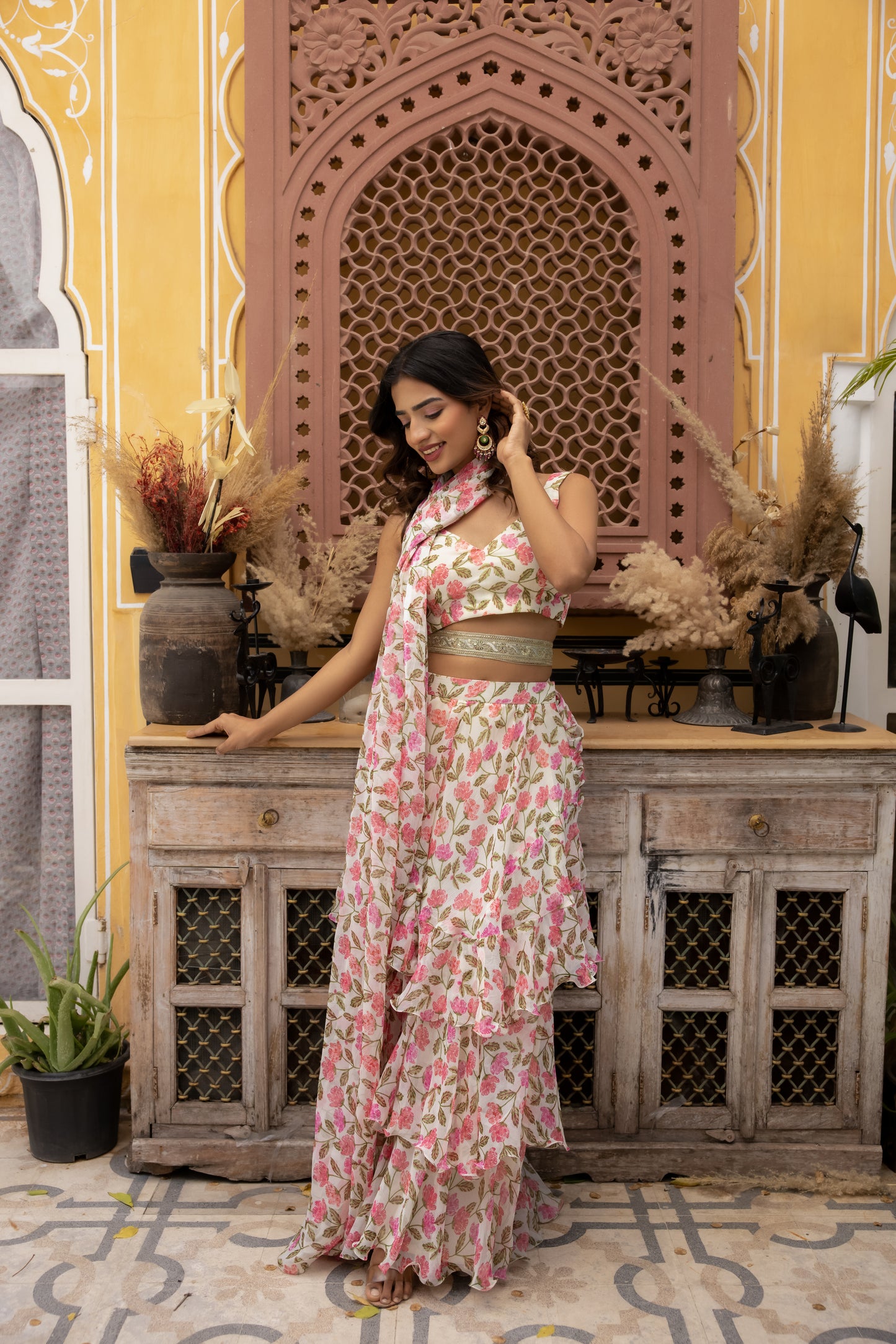 MEGAN JASMINE WHITE FLORAL PRINTED RUFFLE SAREE WITH BELT Deasha India