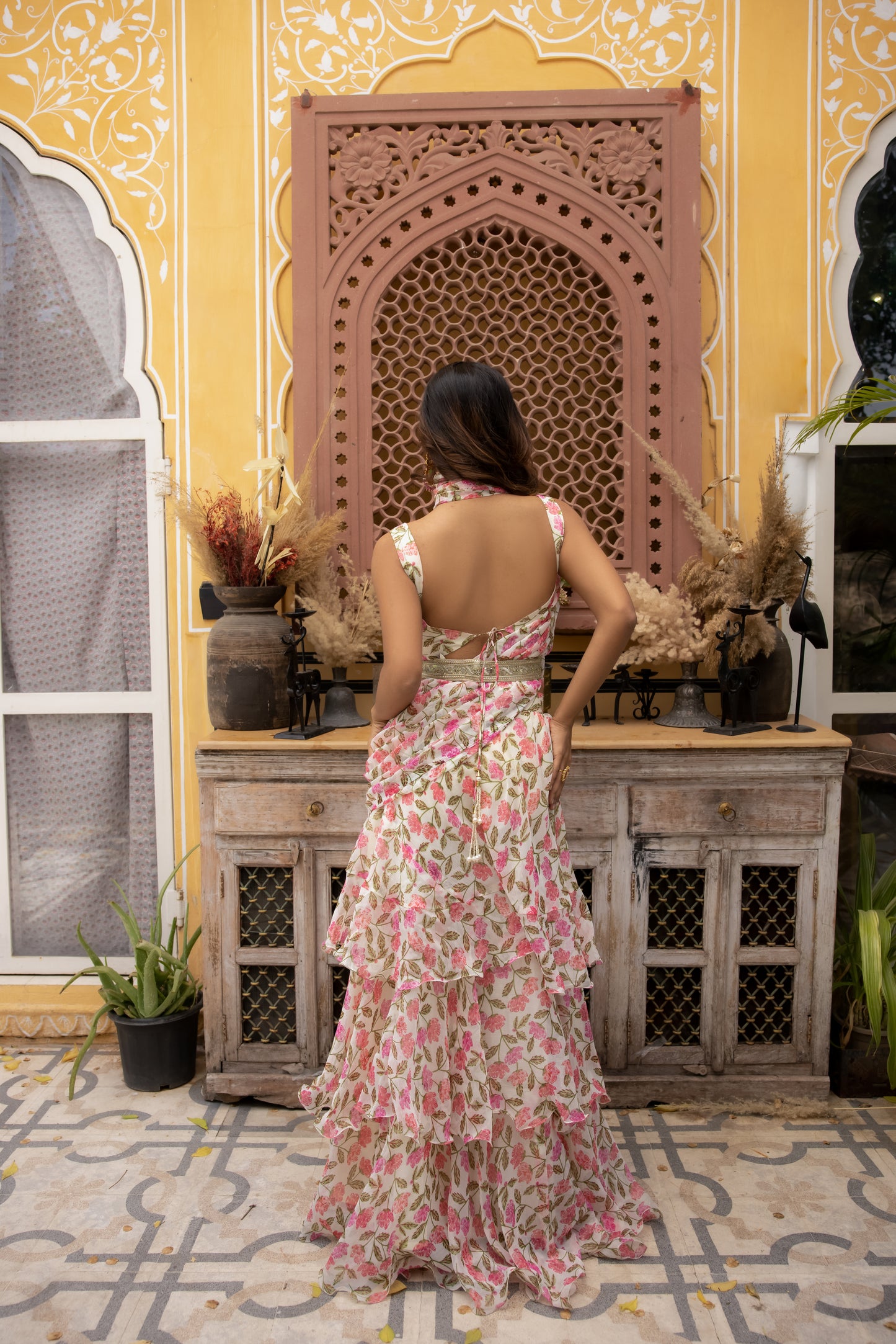 MEGAN JASMINE WHITE FLORAL PRINTED RUFFLE SAREE WITH BELT Deasha India