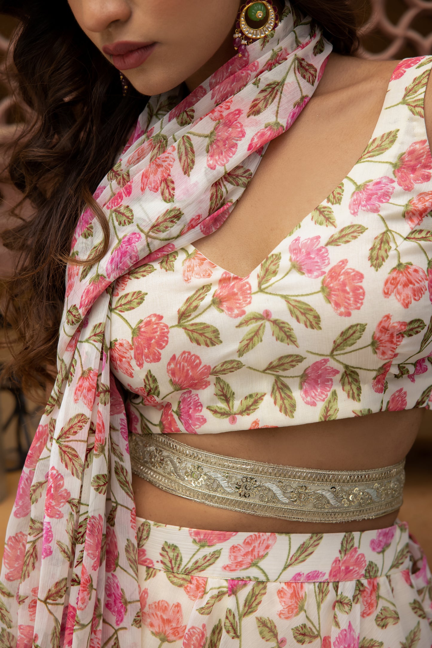 MEGAN JASMINE WHITE FLORAL PRINTED RUFFLE SAREE WITH BELT Deasha India