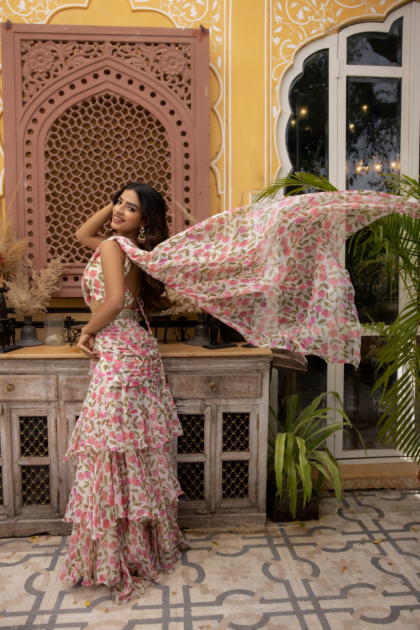 MEGAN JASMINE WHITE FLORAL PRINTED RUFFLE SAREE WITH BELT Deasha India