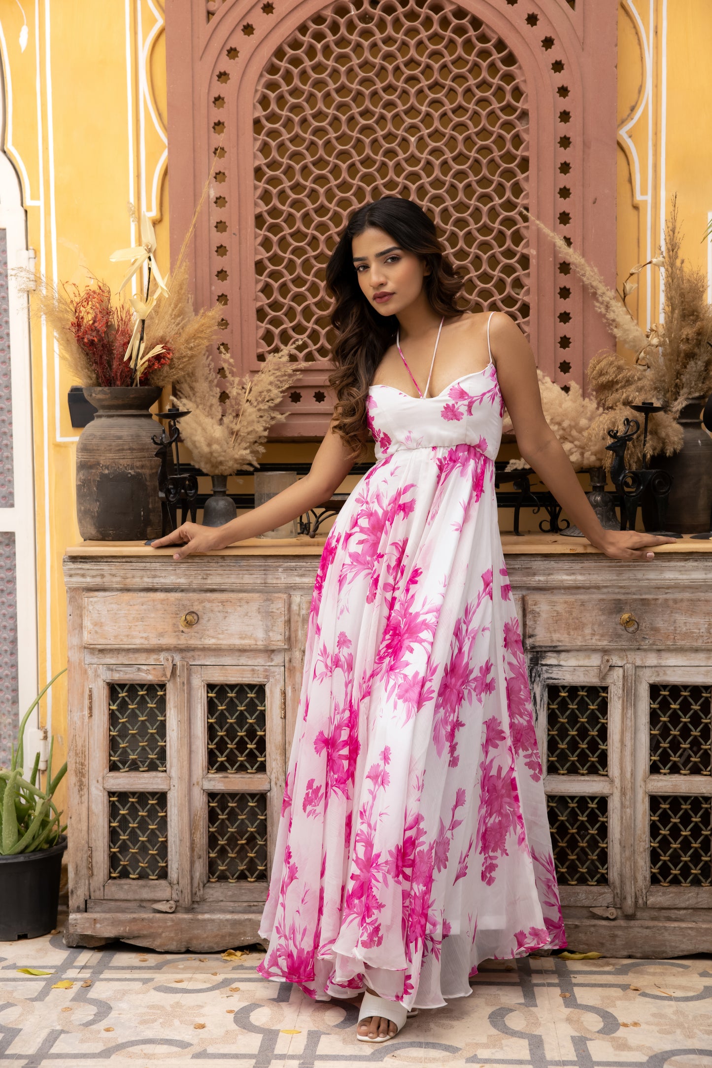 HAZEL PINK FLORAL PRINTED MAXI DRESS Deasha India