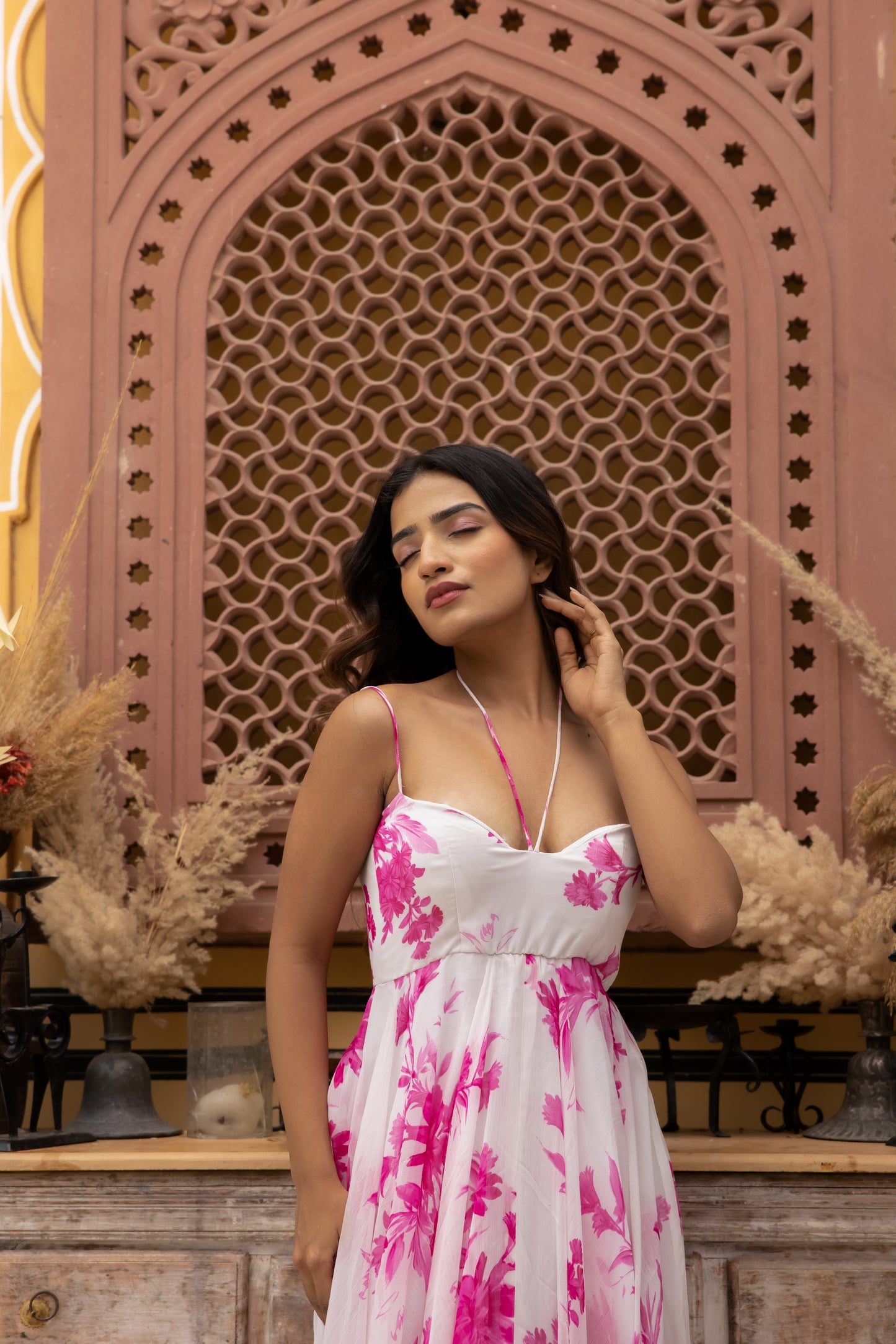 HAZEL PINK FLORAL PRINTED MAXI DRESS Deasha India