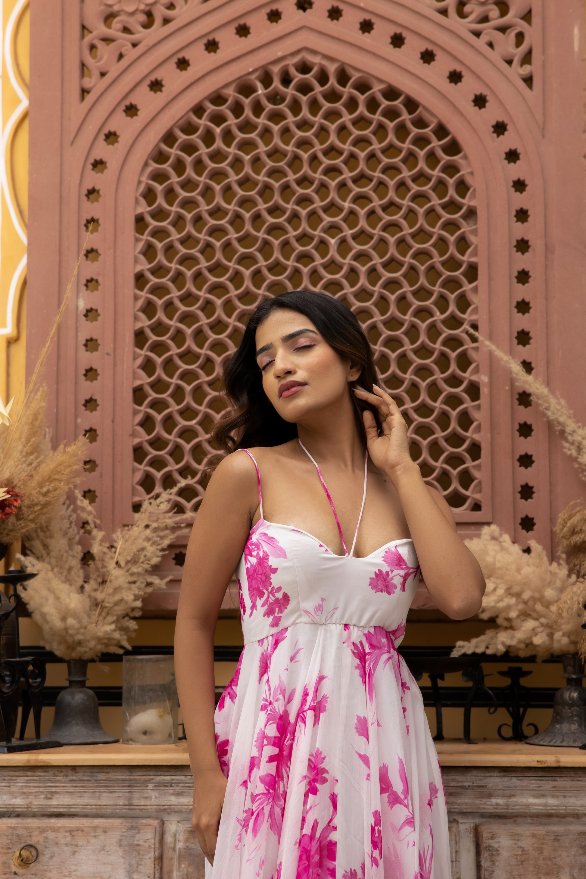 HAZEL PINK FLORAL PRINTED MAXI DRESS Deasha India