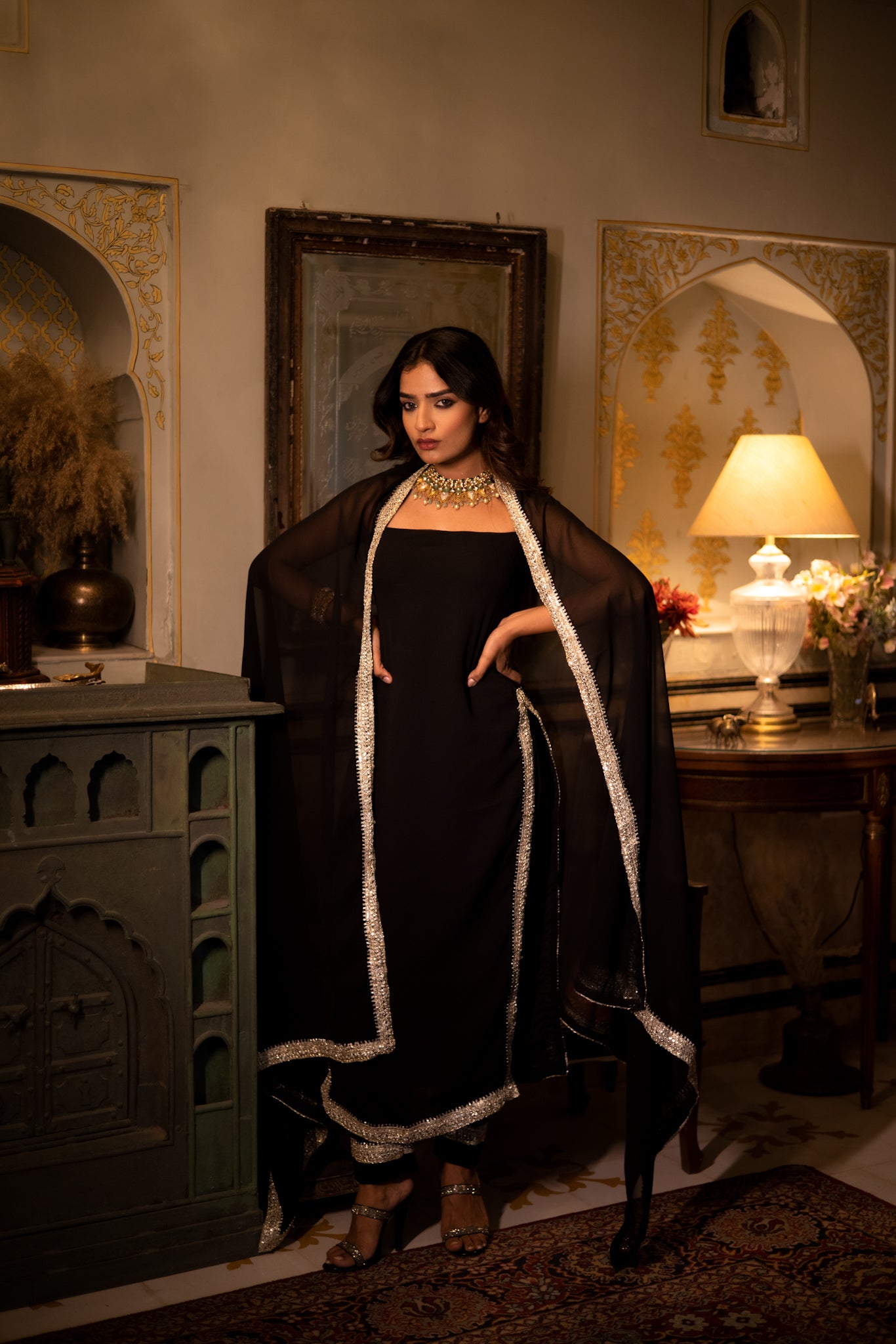 Sumira Black Detailed Straight Kurta Set Deasha India