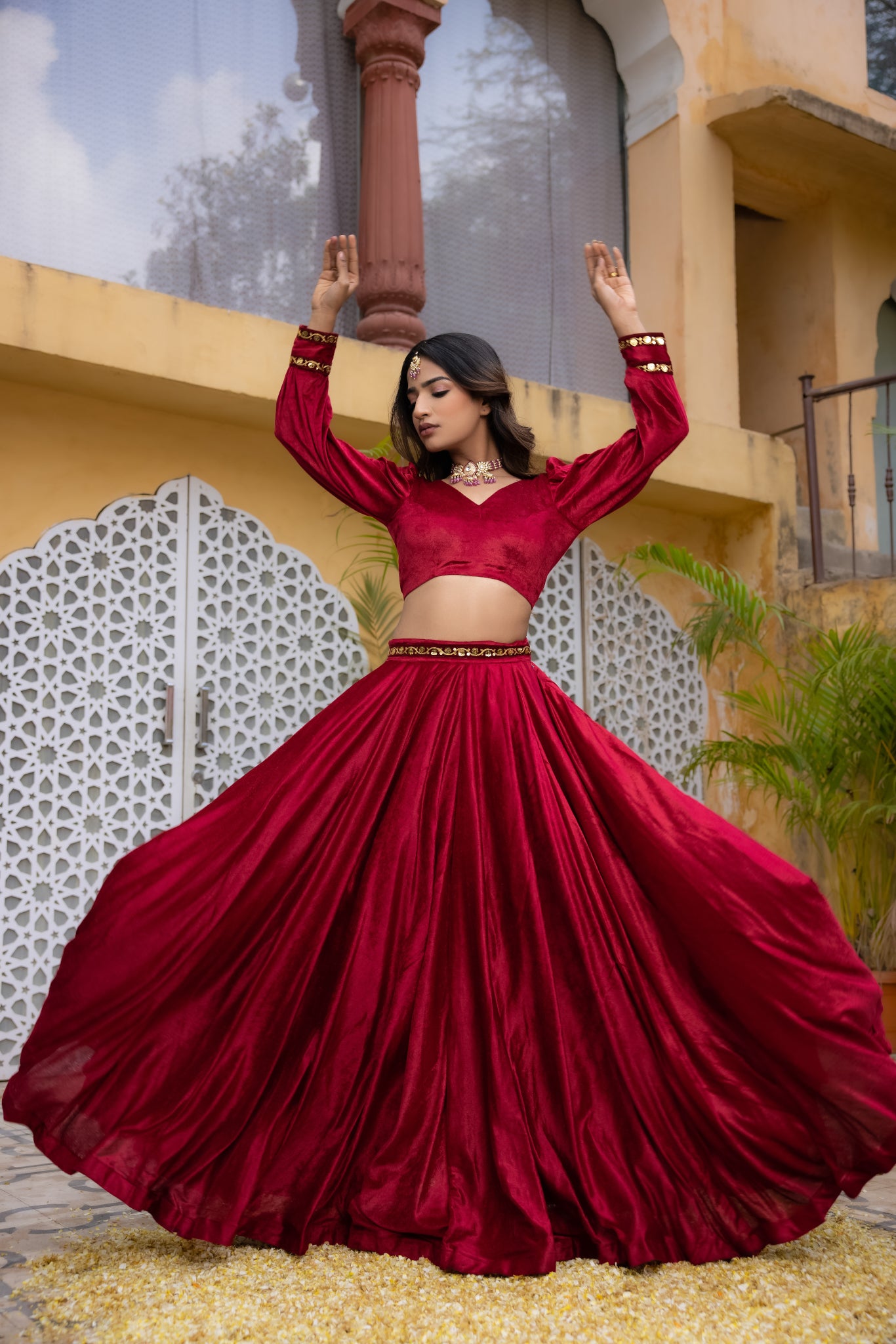 MARYAM RED VELVET DETAILED LEHENGA SET Deasha India