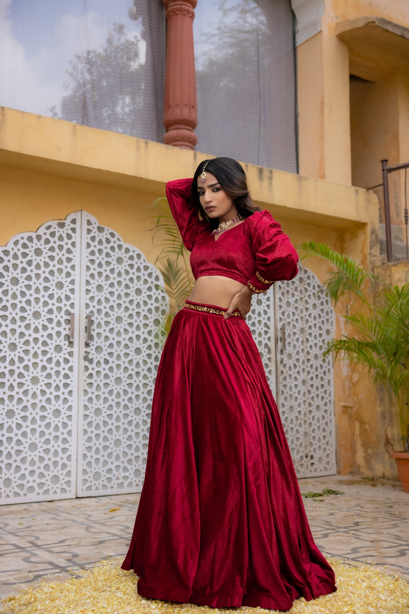 MARYAM RED VELVET DETAILED LEHENGA SET Deasha India