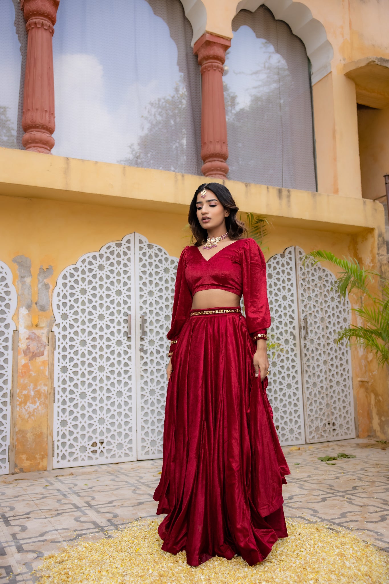 MARYAM RED VELVET DETAILED LEHENGA SET Deasha India