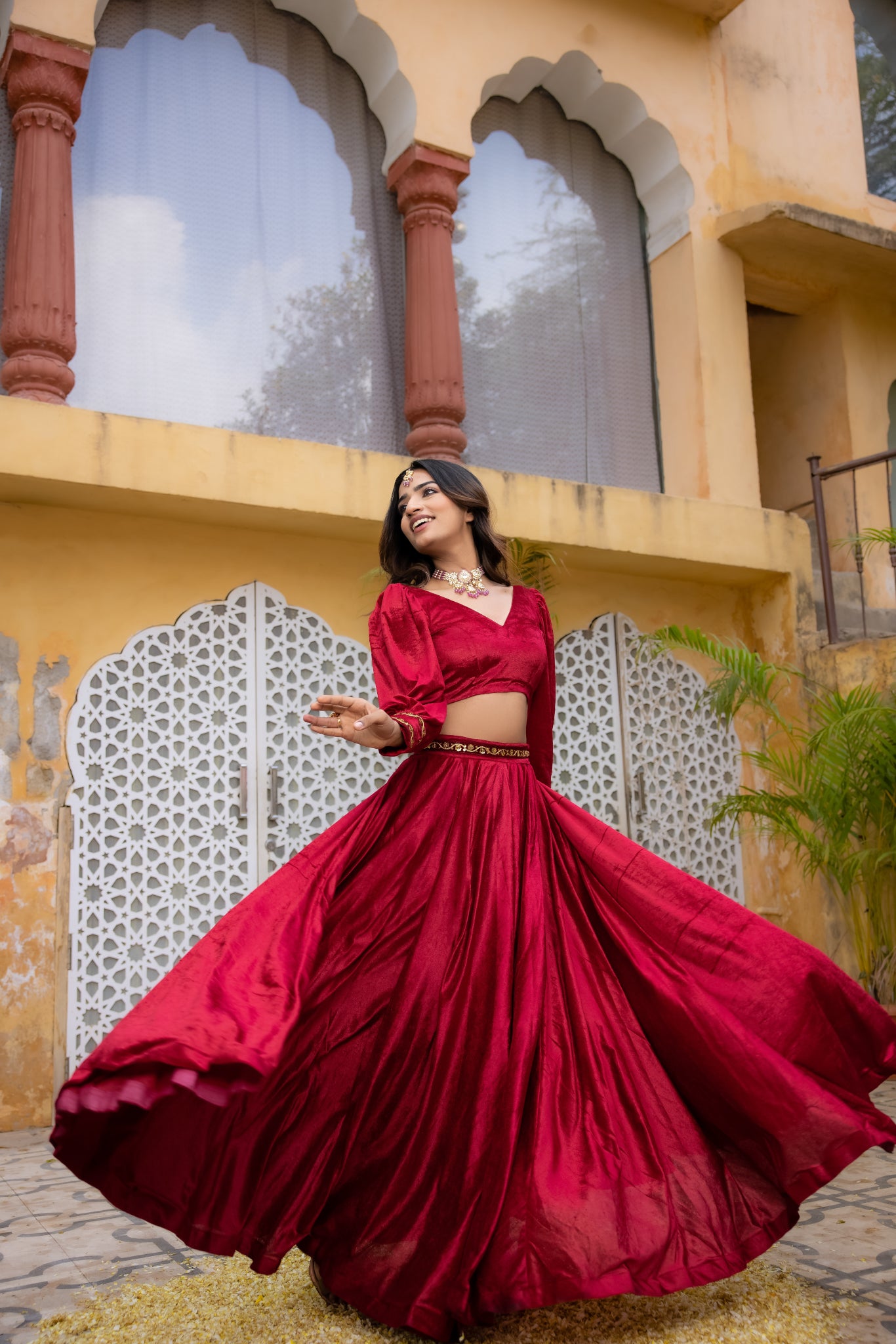 MARYAM RED VELVET DETAILED LEHENGA SET Deasha India