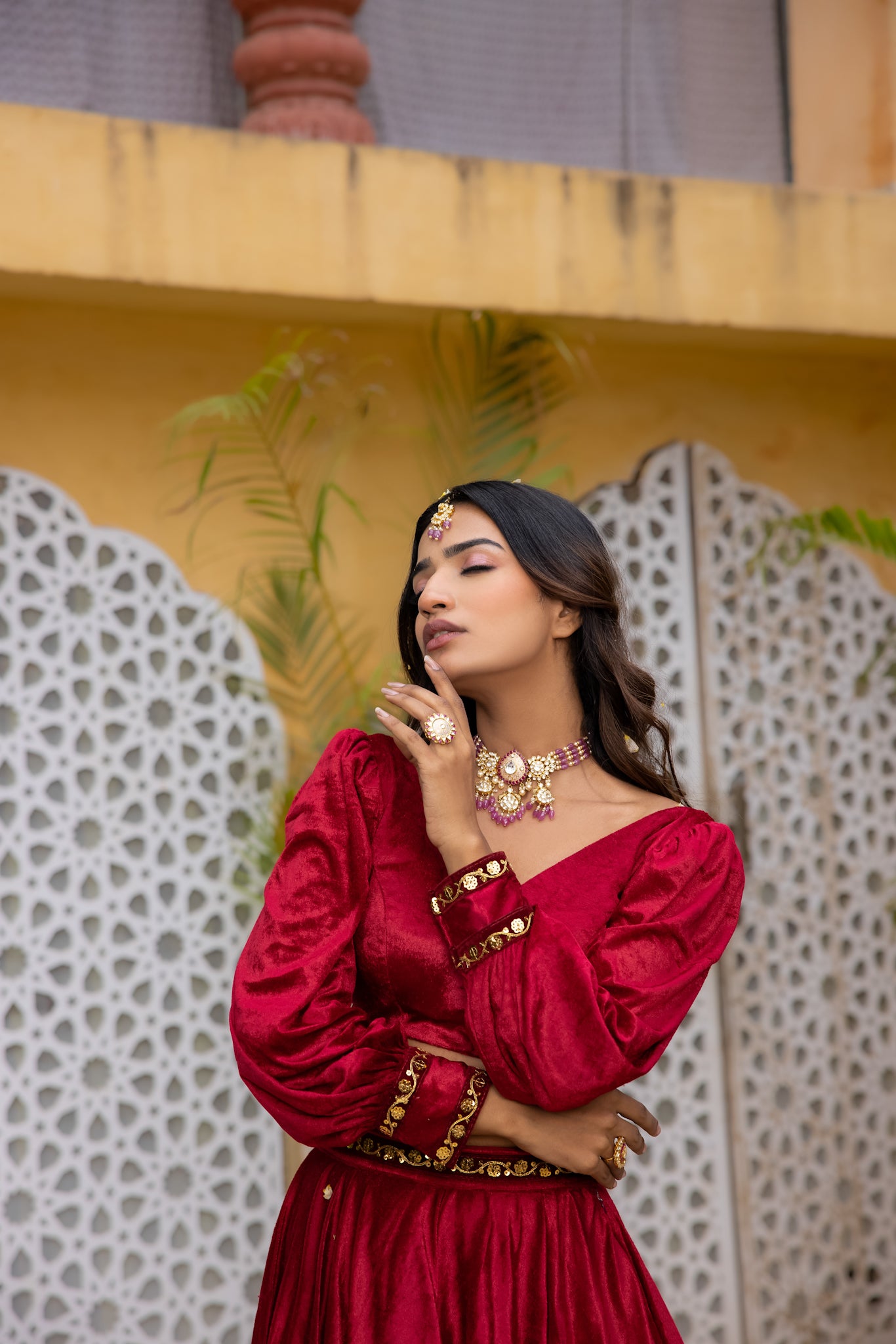 MARYAM RED VELVET DETAILED LEHENGA SET Deasha India