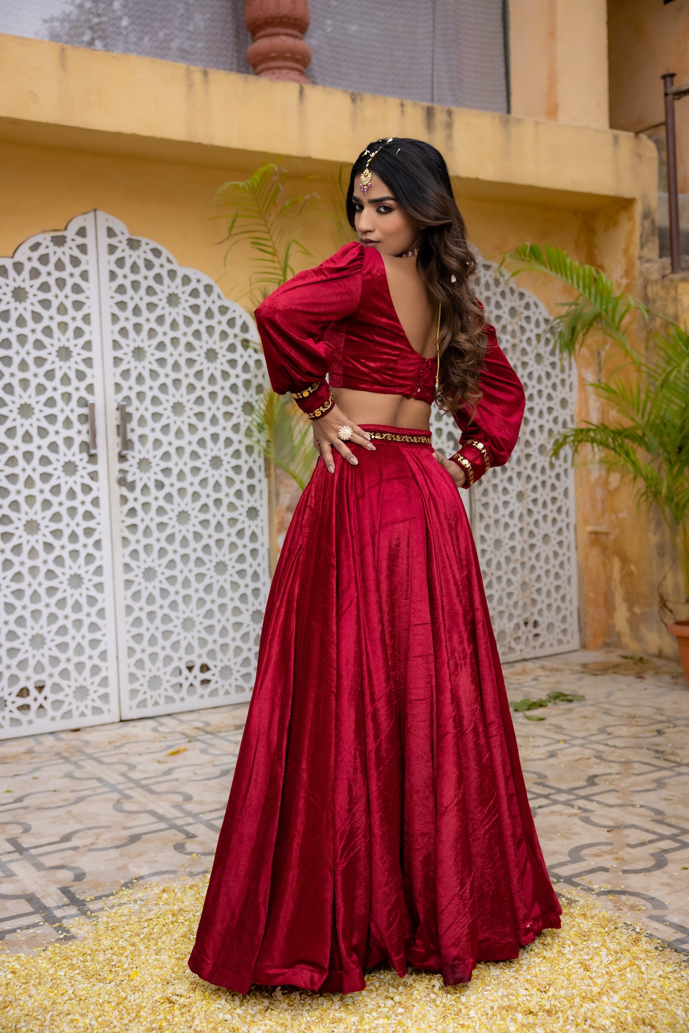 MARYAM RED VELVET DETAILED LEHENGA SET Deasha India