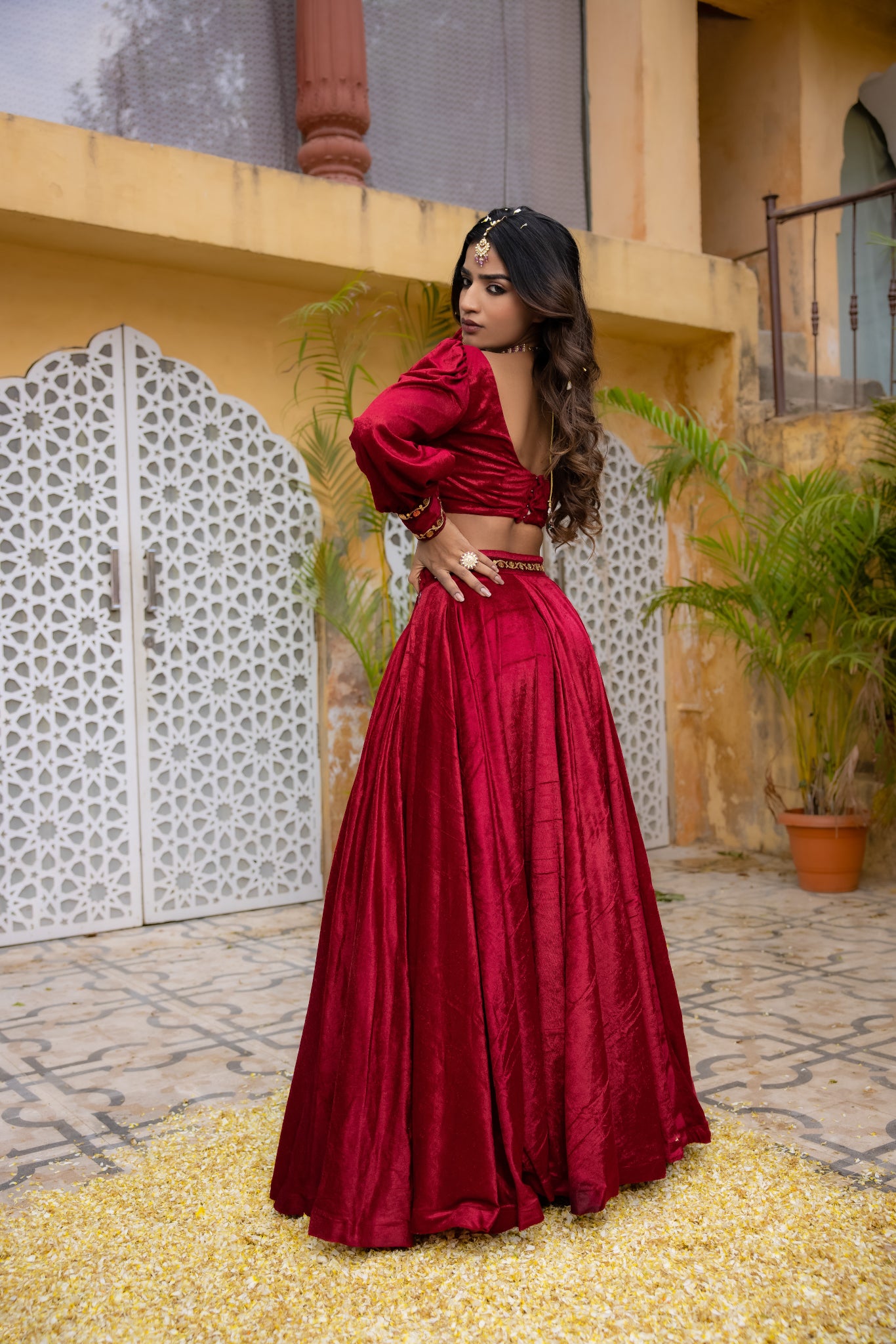 MARYAM RED VELVET DETAILED LEHENGA SET Deasha India