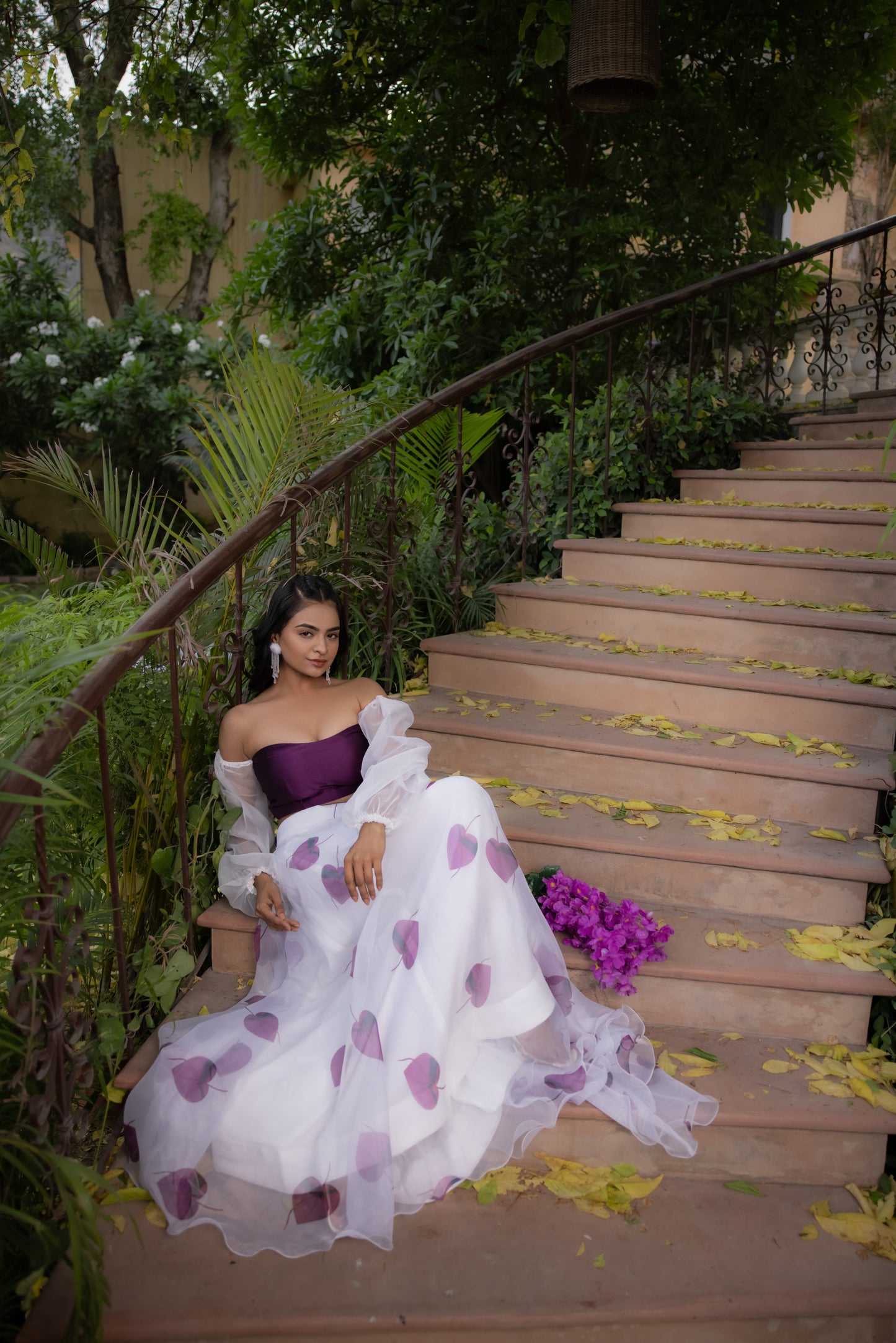 DIRA EGGPLANT PURPLE ORGANZA LEAF PRINTED SKIRT WITH OFF SHOULDER BUSTIER Deasha India