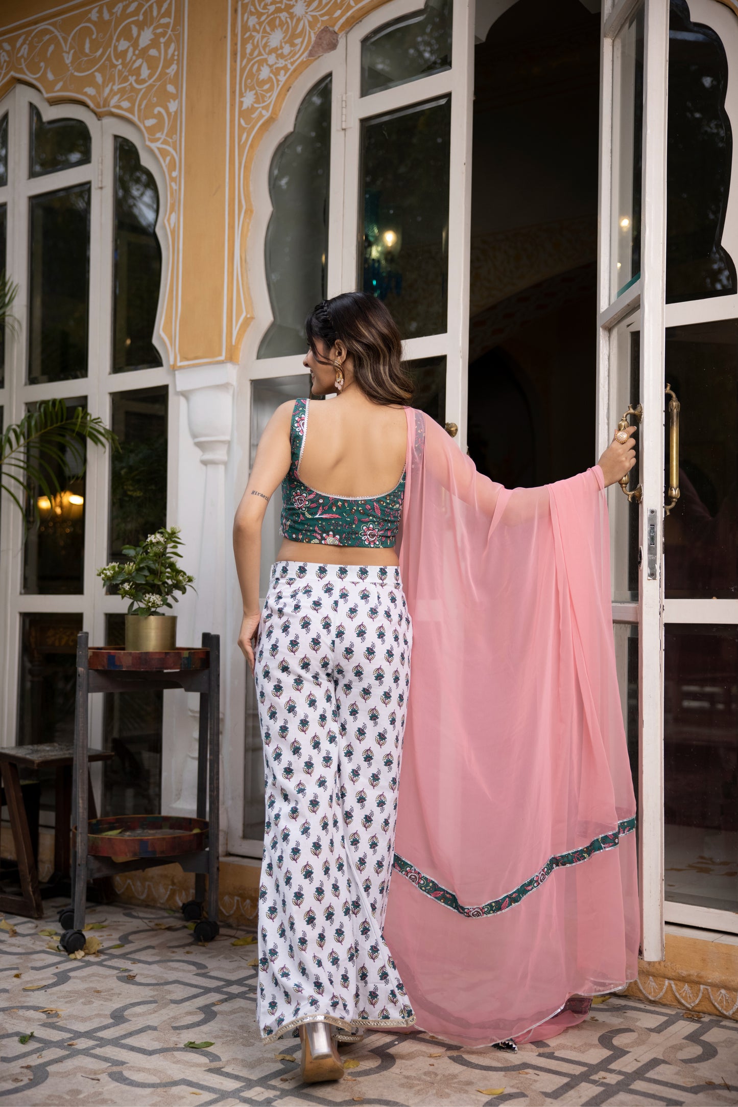 GULNAR DARK GREEN BLOUSE WITH FLARED PANTS & DUPATTA Deasha India