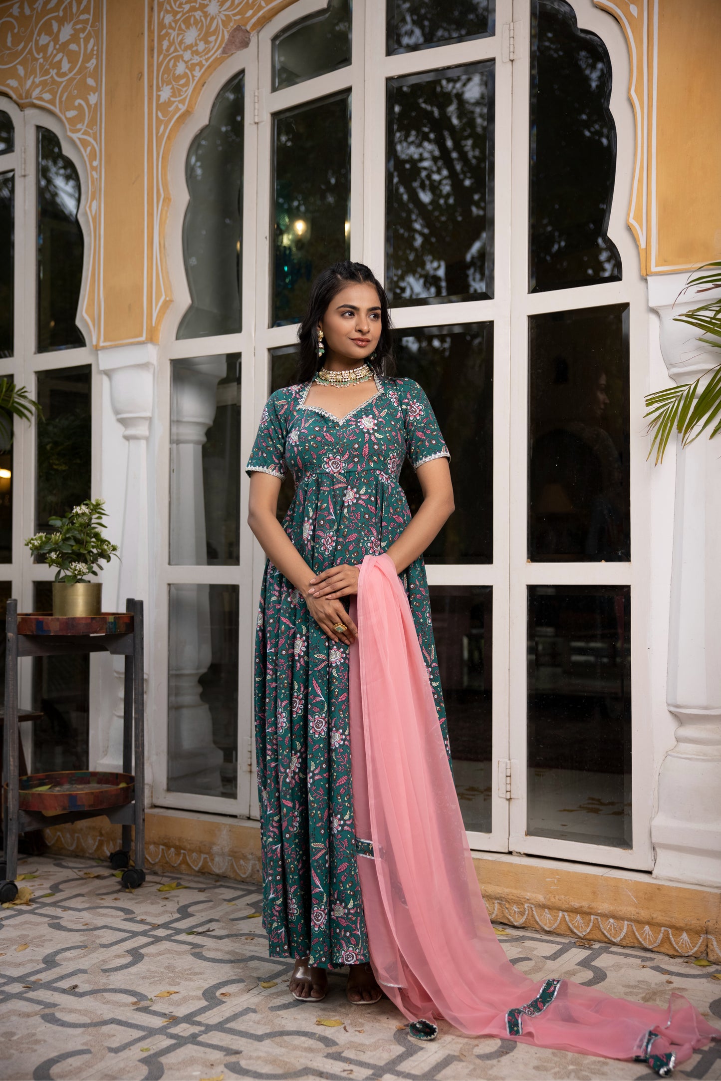 GULMINA DARK GREEN FLORAL PRINTED COTTON ANARKALI SET Deasha India