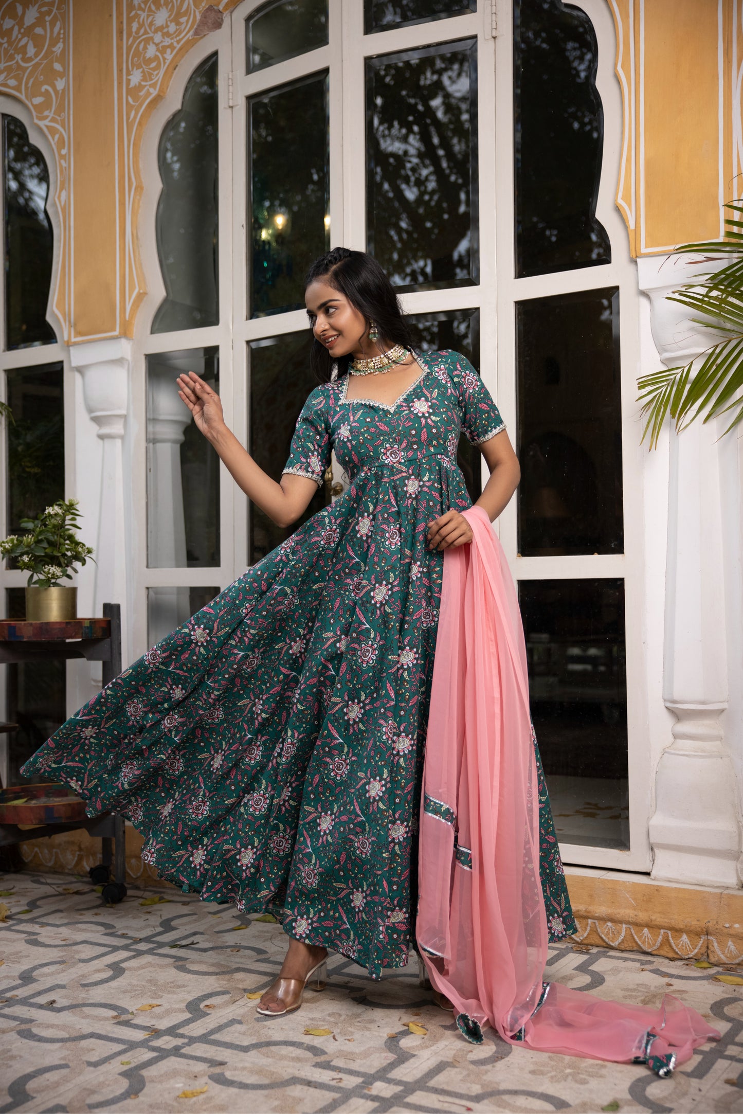 GULMINA DARK GREEN FLORAL PRINTED COTTON ANARKALI SET Deasha India
