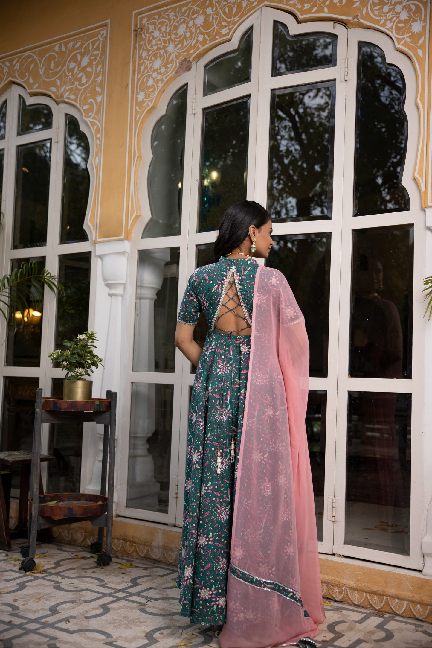 GULMINA DARK GREEN FLORAL PRINTED COTTON ANARKALI SET Deasha India