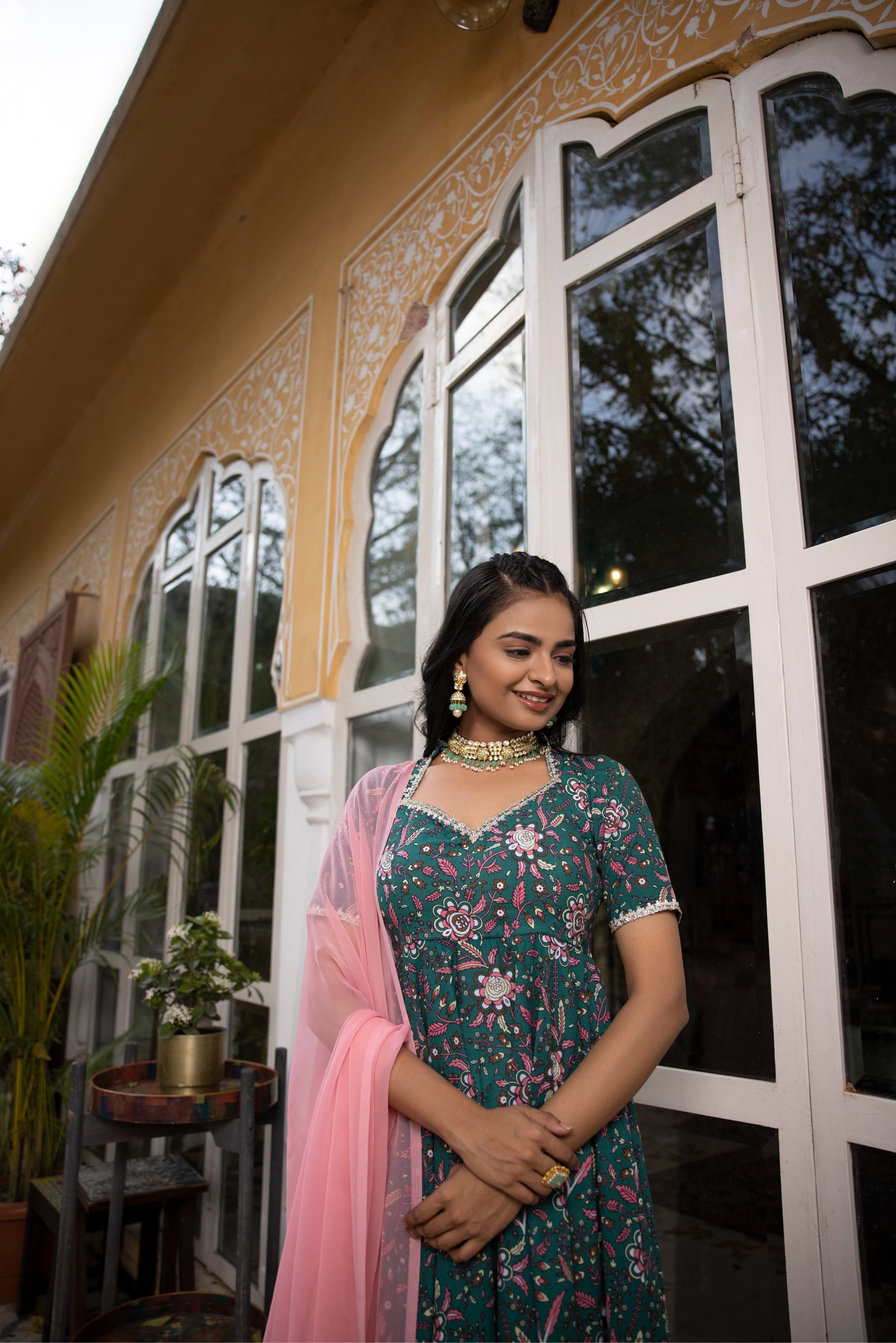 GULMINA DARK GREEN FLORAL PRINTED COTTON ANARKALI SET Deasha India