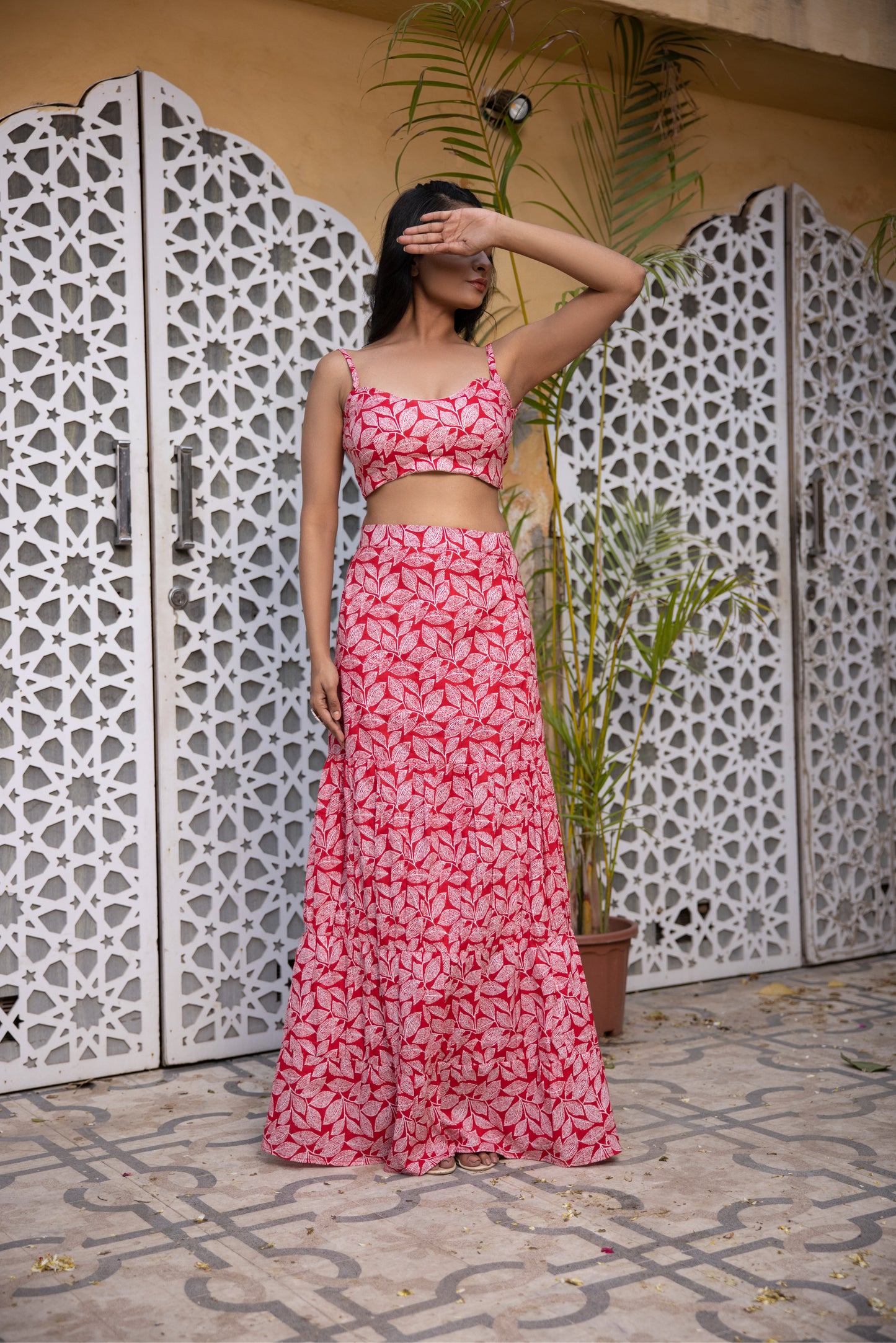 SHEEN RED COTTON LEAF PRINTED DRESS Deasha India