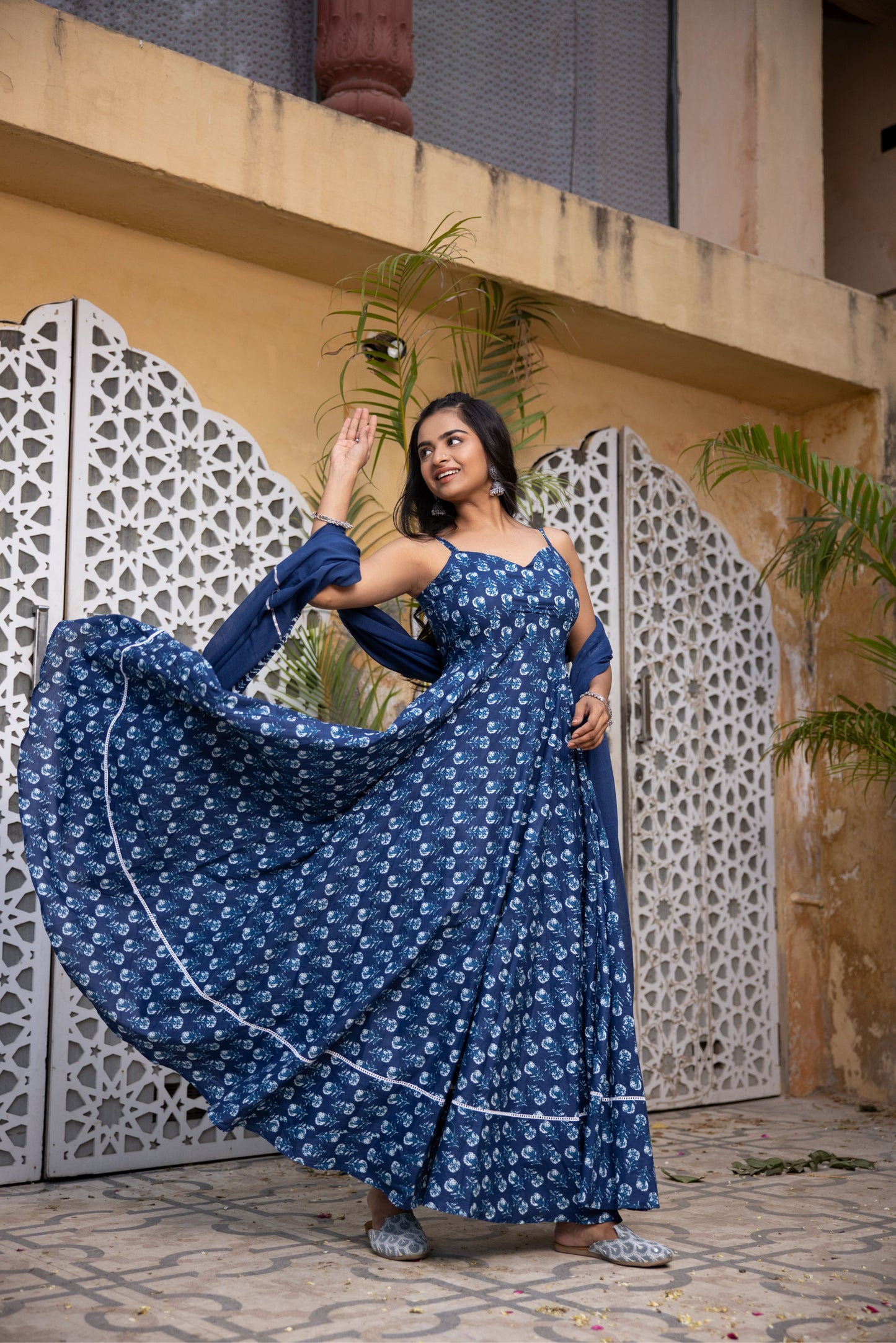 ARNA INDIGO BLUE COTTON ANARKALI SET Deasha India
