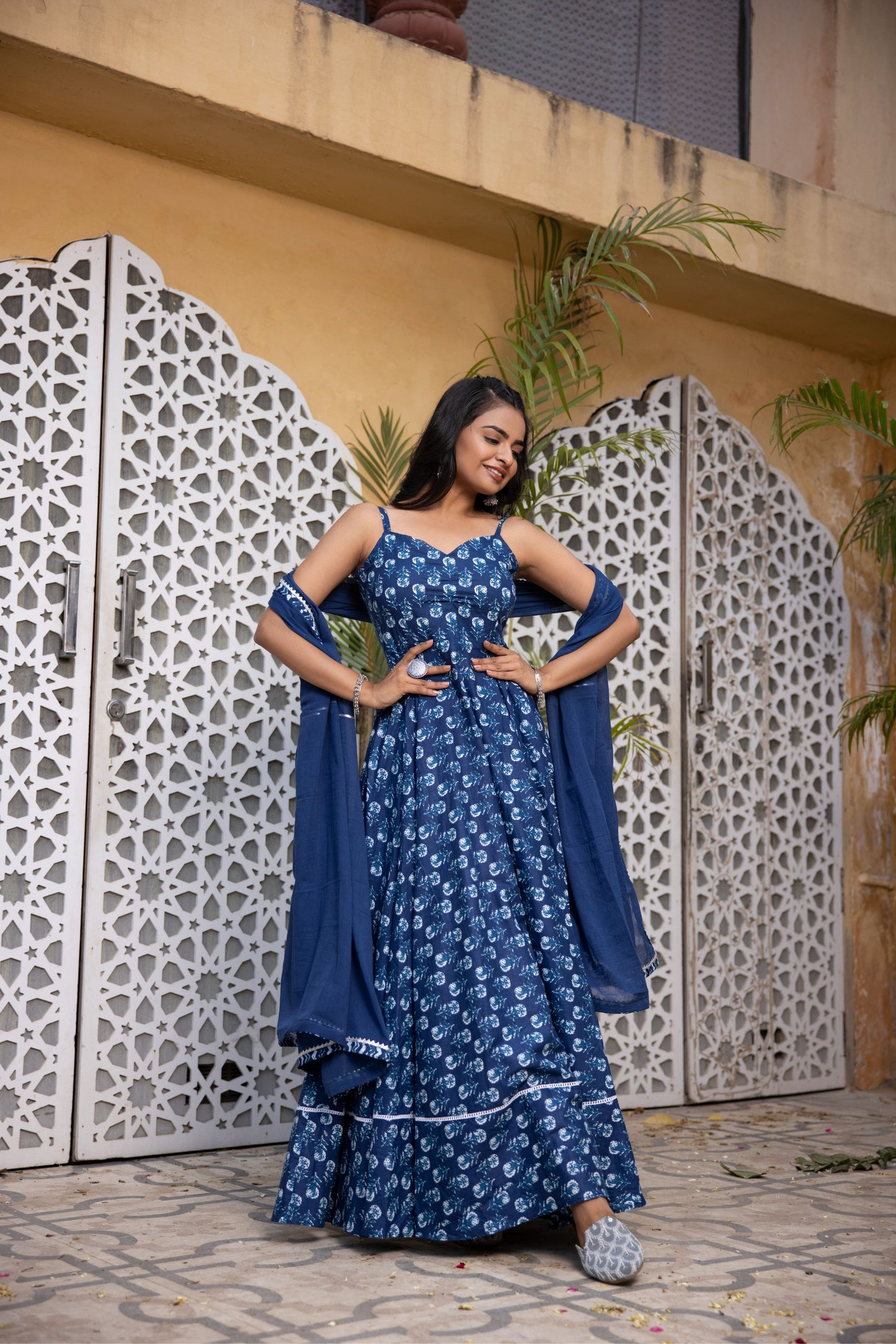 ARNA INDIGO BLUE COTTON ANARKALI SET Deasha India