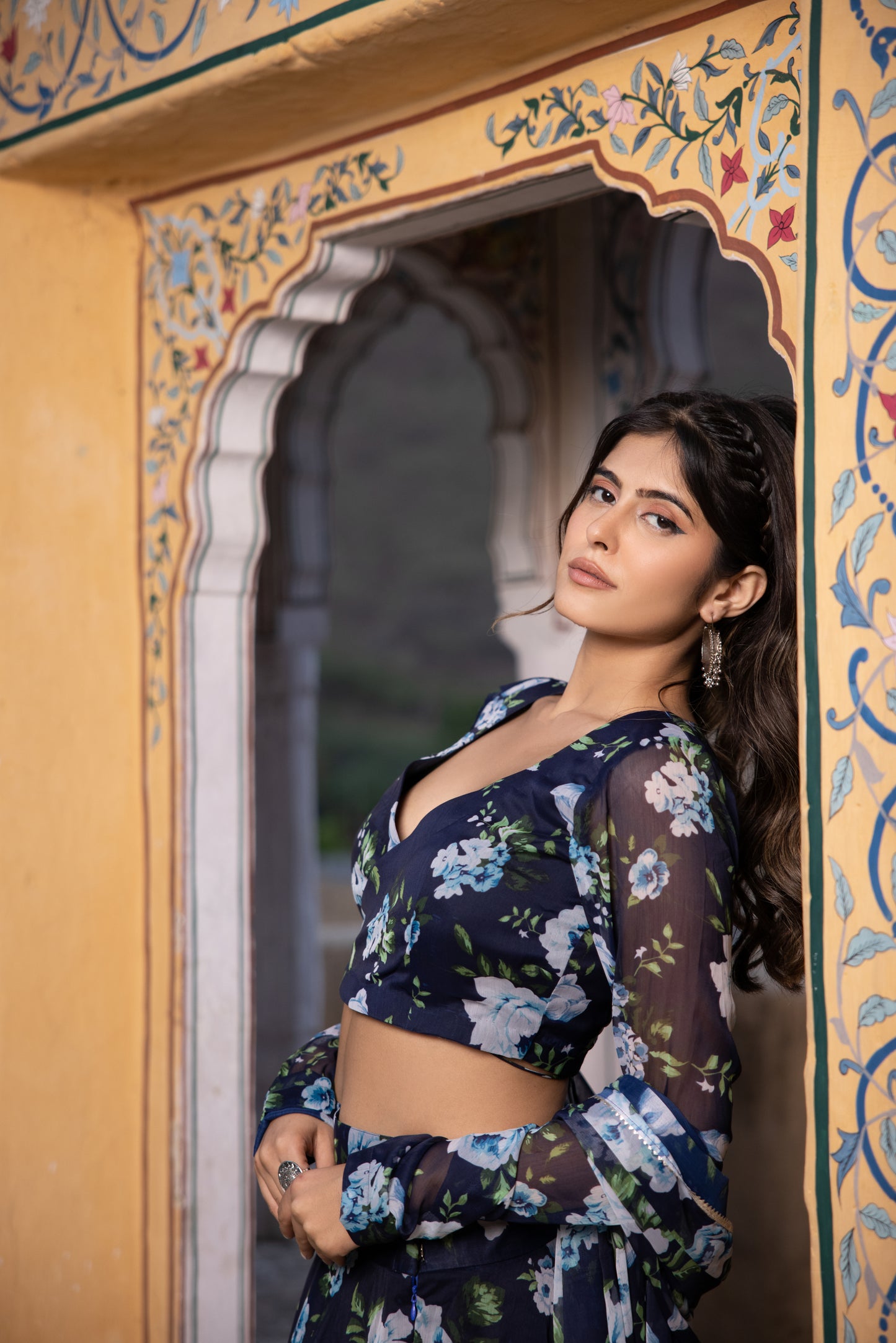 KVITKA ADMIRAL BLUE FLORAL PRINT ANGRAKHA CHOLI WITH LEHENGA SET Deasha India