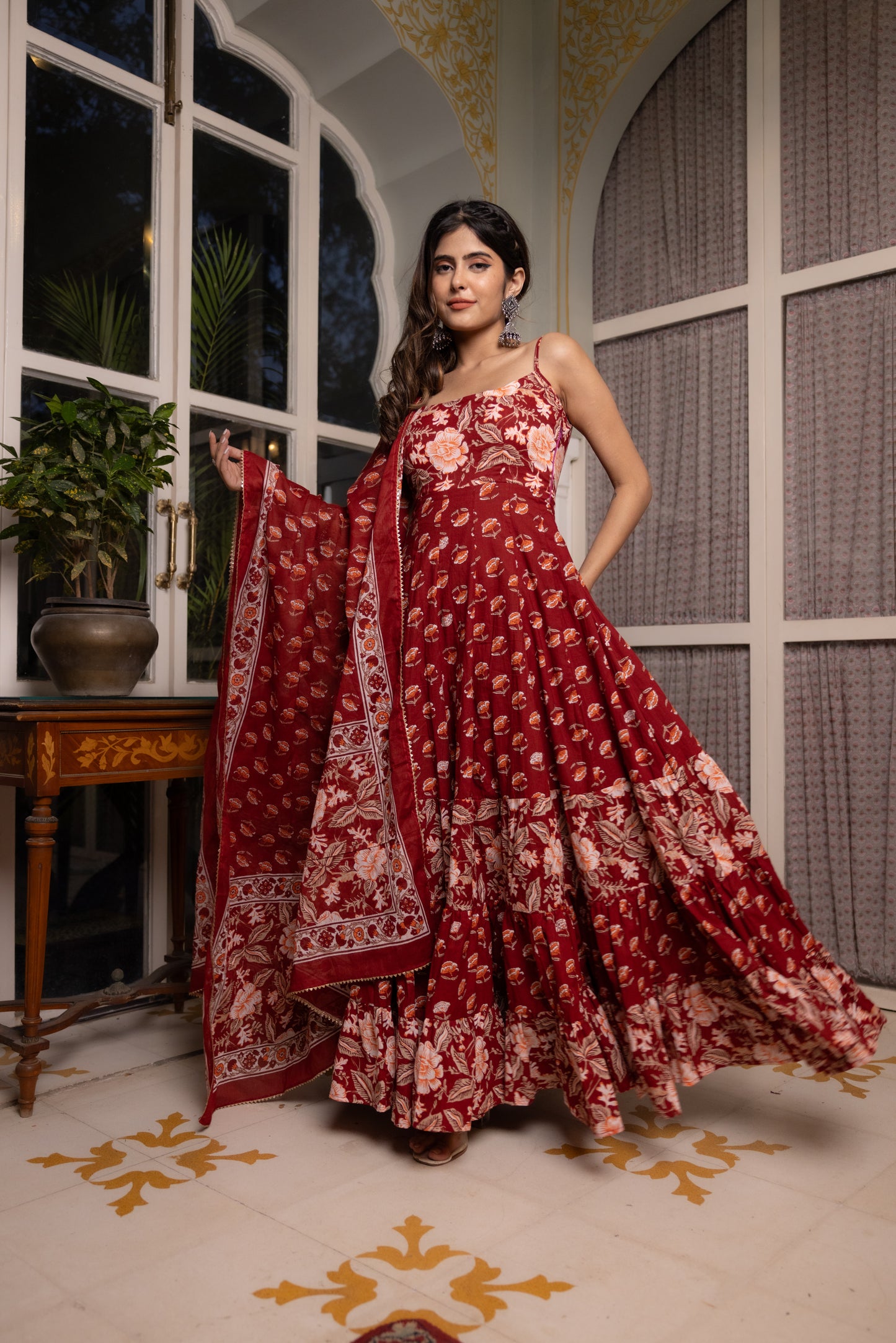 ADVEKA RED COTTON TIERED ANARKALI SET Deasha India