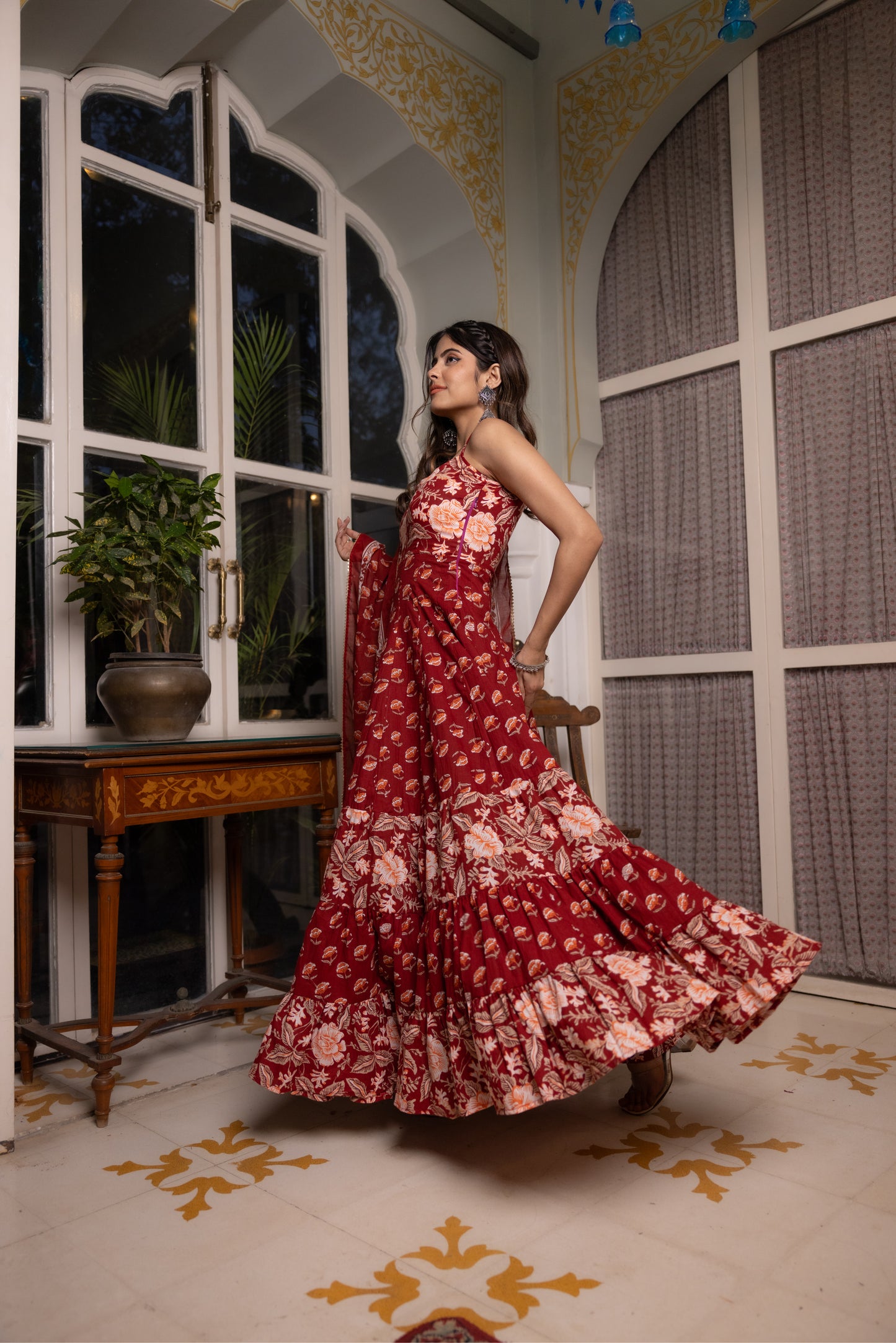 ADVEKA RED COTTON TIERED ANARKALI SET Deasha India