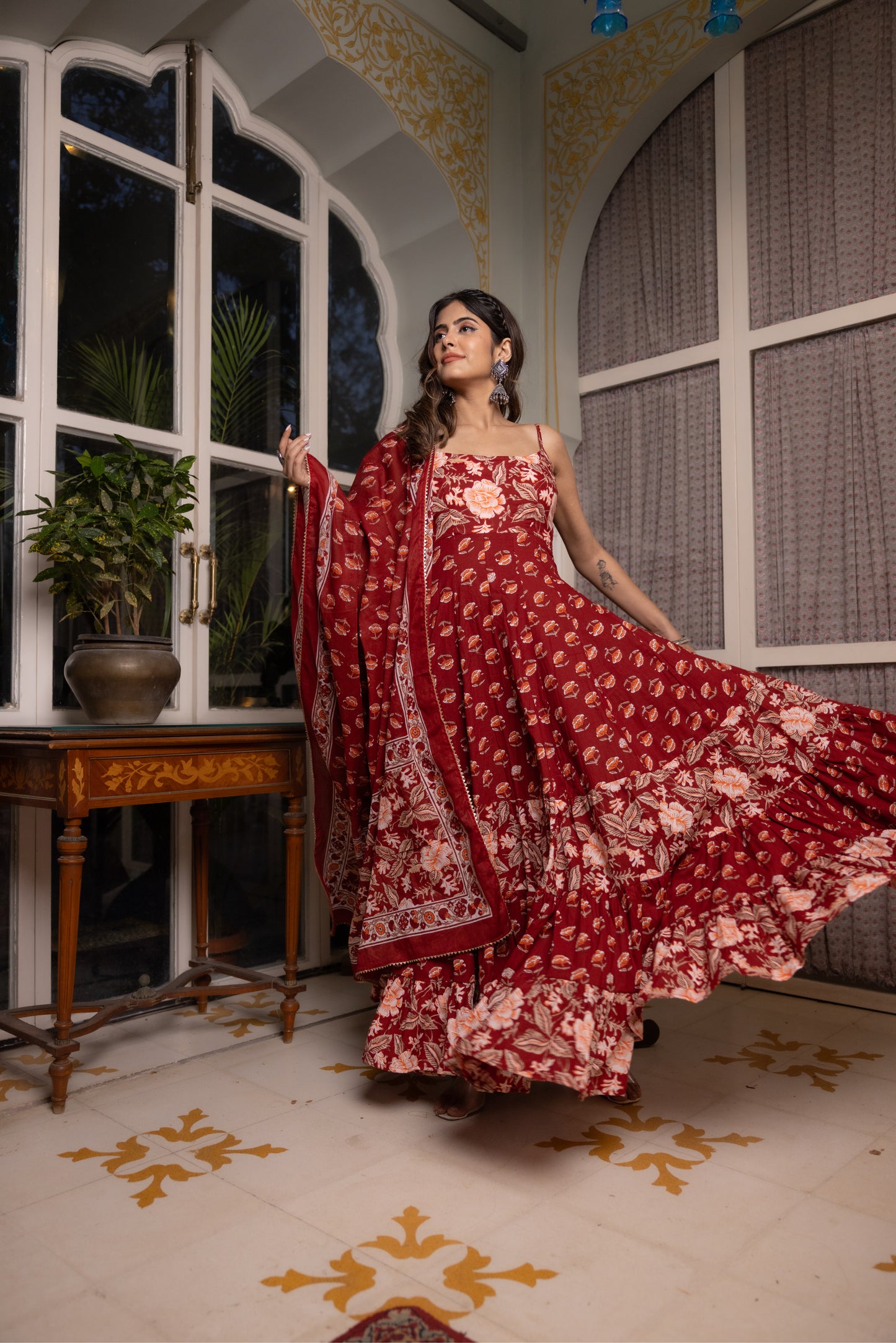 ADVEKA RED COTTON TIERED ANARKALI SET Deasha India