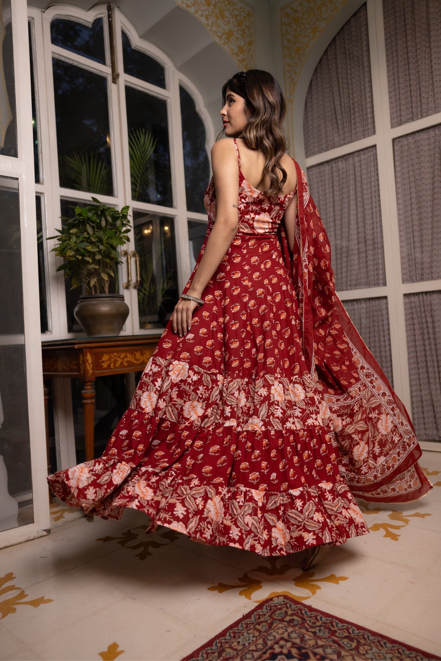 ADVEKA RED COTTON TIERED ANARKALI SET Deasha India
