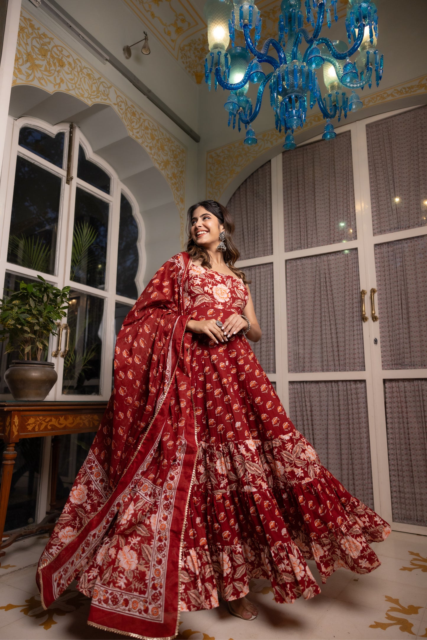 ADVEKA RED COTTON TIERED ANARKALI SET Deasha India