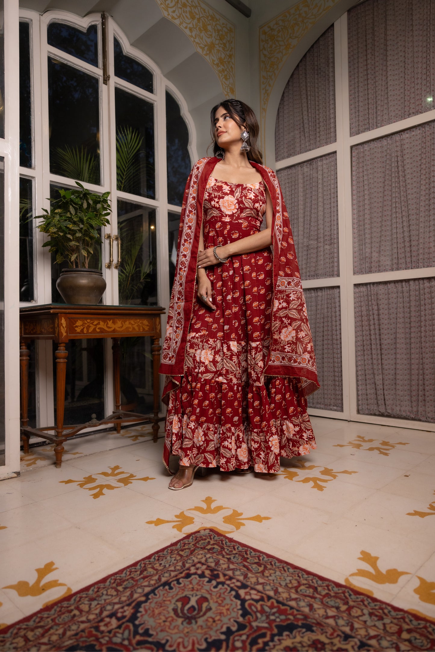 ADVEKA RED COTTON TIERED ANARKALI SET Deasha India