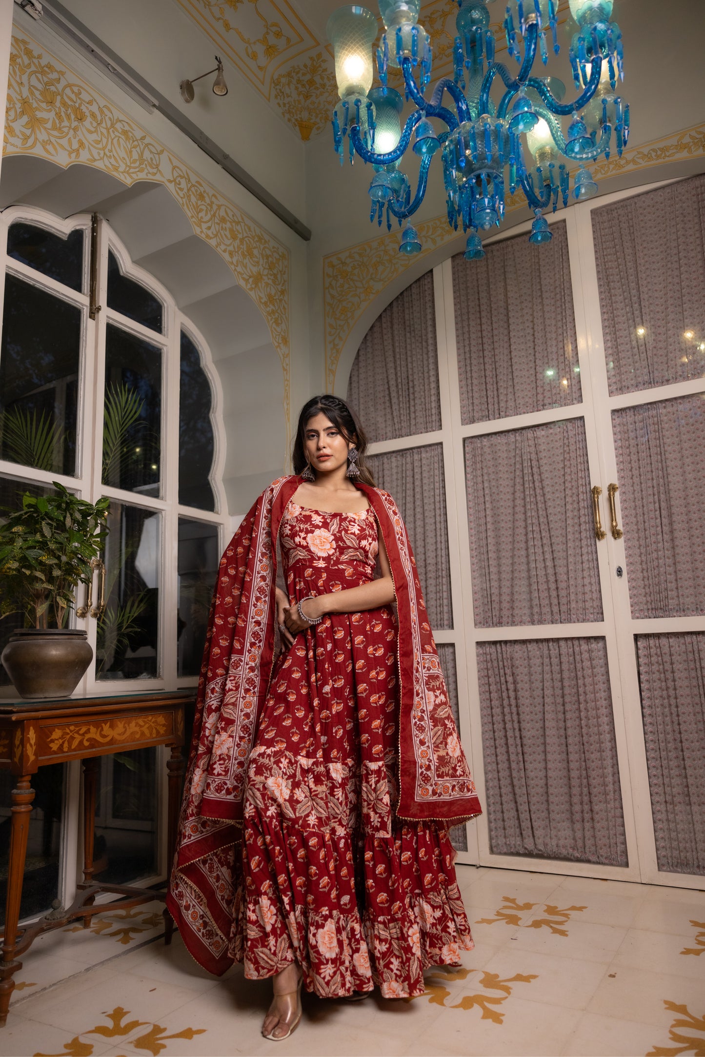 ADVEKA RED COTTON TIERED ANARKALI SET Deasha India